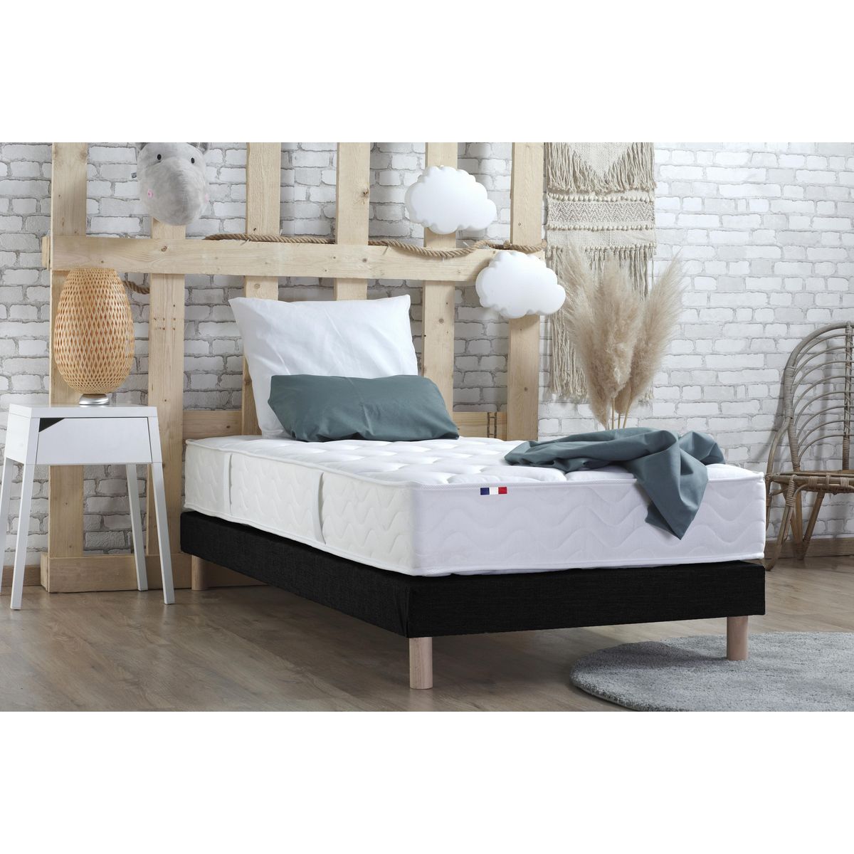 Ensemble literie matelas ressorts ensachés 20cm + sommier tapissier noir 90x190 cm ASTRE