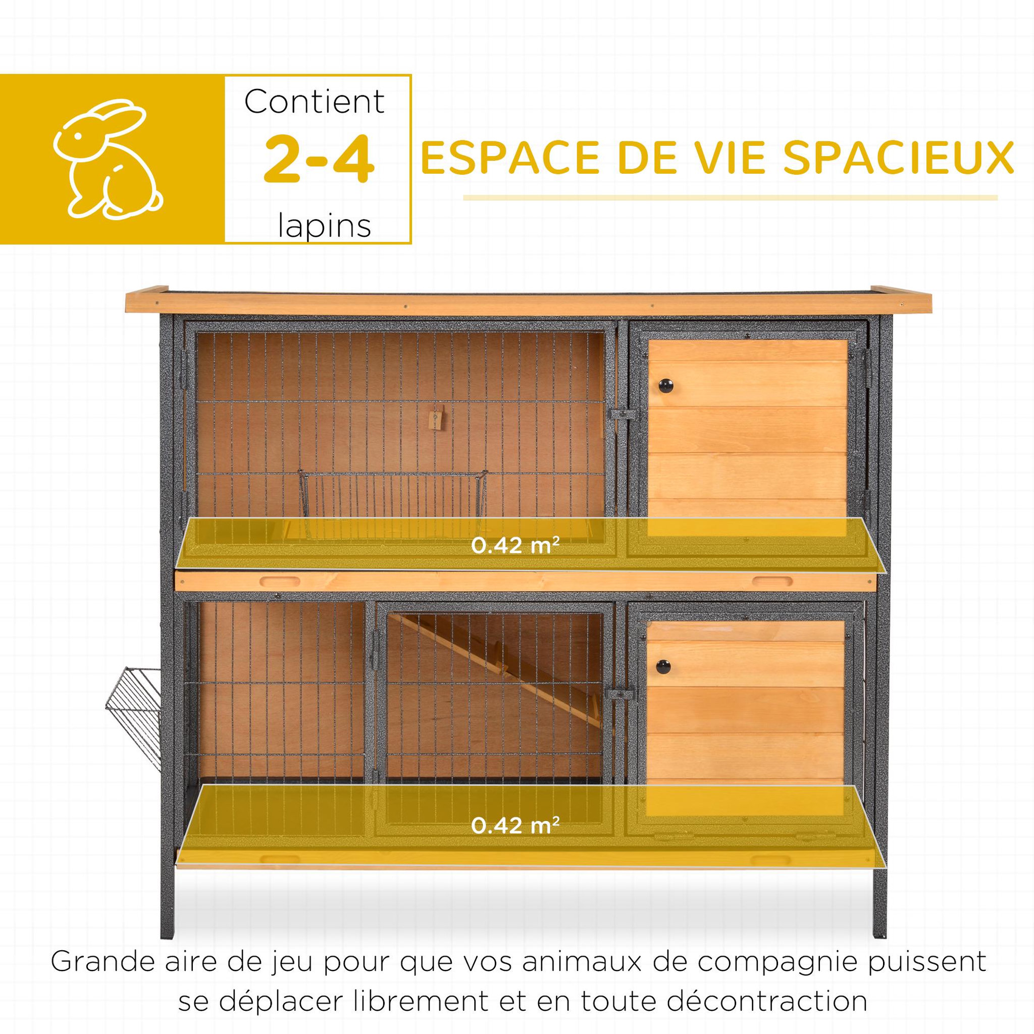 Voir la diapositive 3 : PAWHUT Clapier à lapin 2 niveaux cloisonnables - niche, rampe, plateaux, rateliers, portes - métal époxy bois pré-huilé