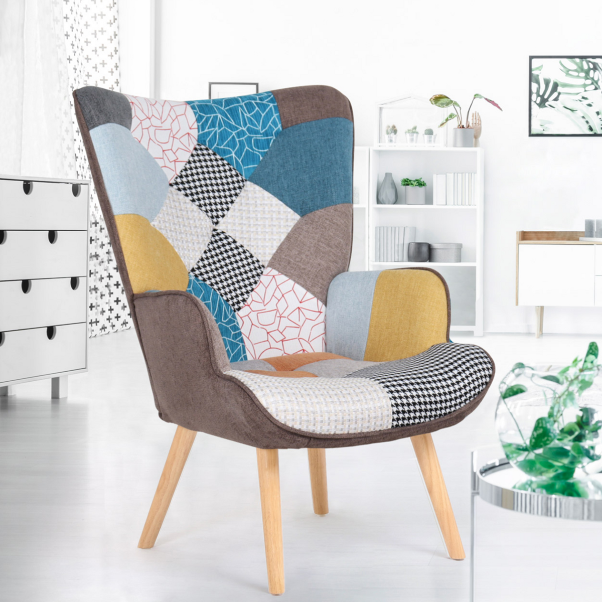 ID MARKET Fauteuil scandinave IVAR en tissu patchwork multicouleurs