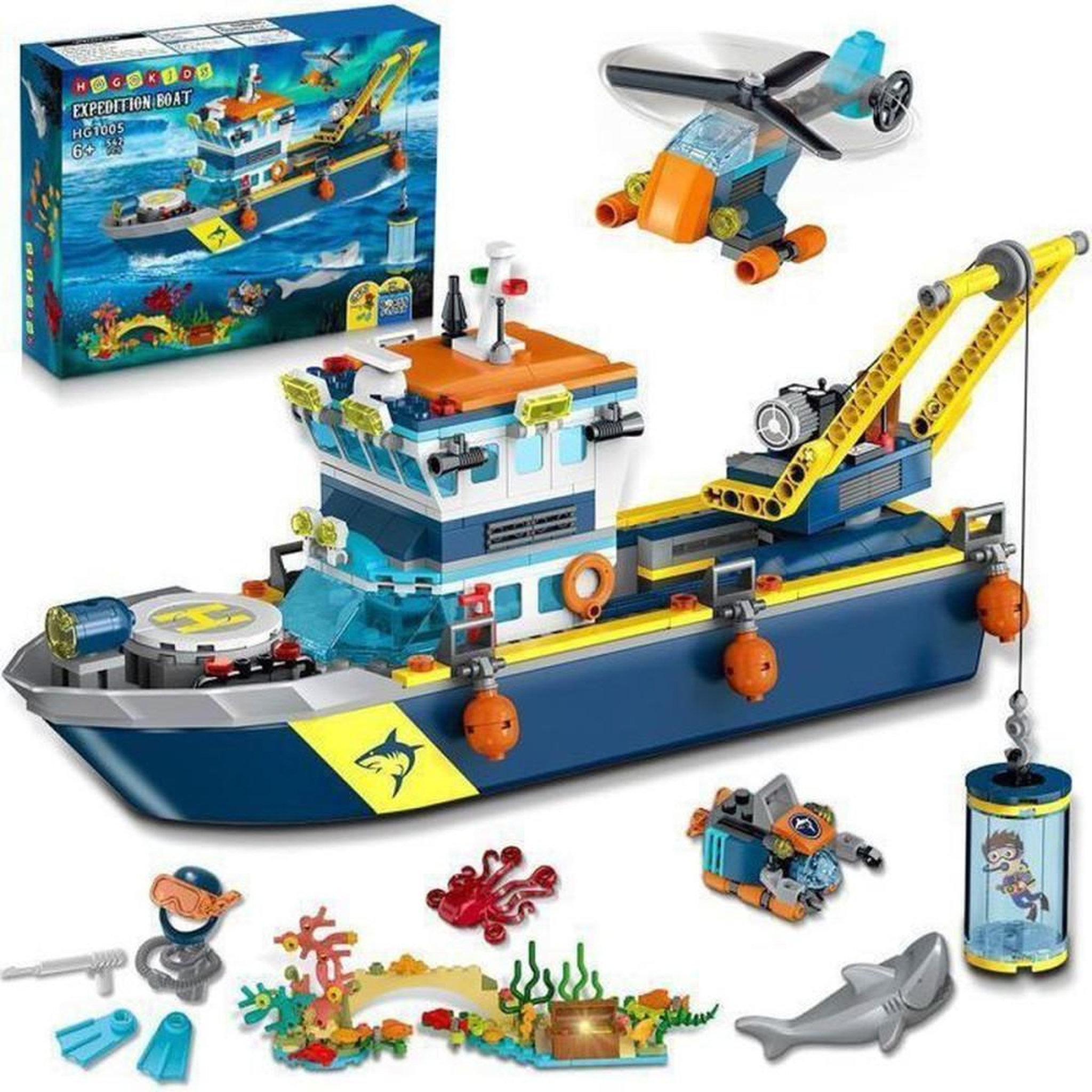 Ensemble de construction CD/LED HOGOKIDS Arctic Exploration : bateau d'exploration flottant, 542 pièces, grue, cage à requins, sous-marin et hélicoptère
