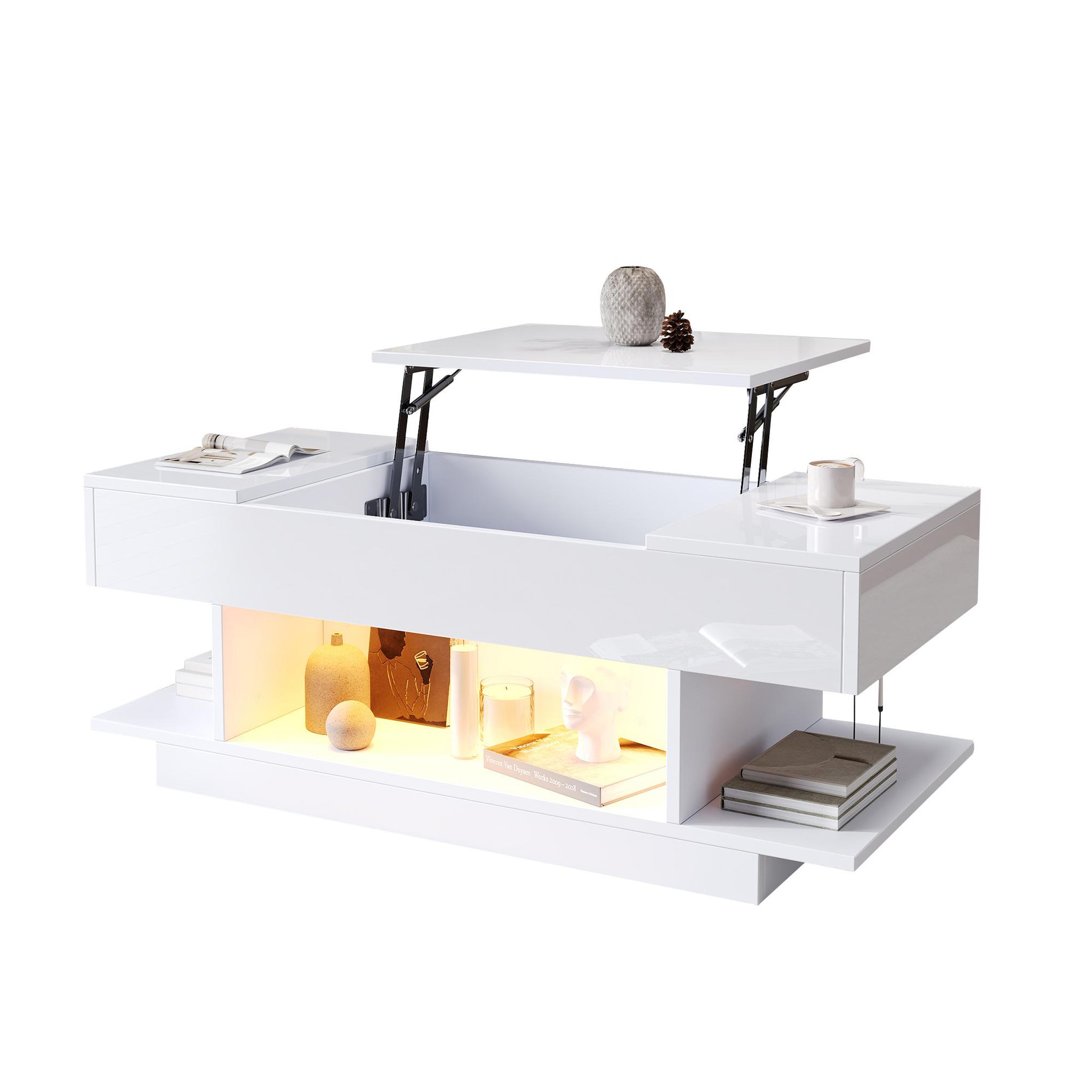 MERAX Table basse relevable rectangulaire blanc - 45x98 cm led panneau de particules