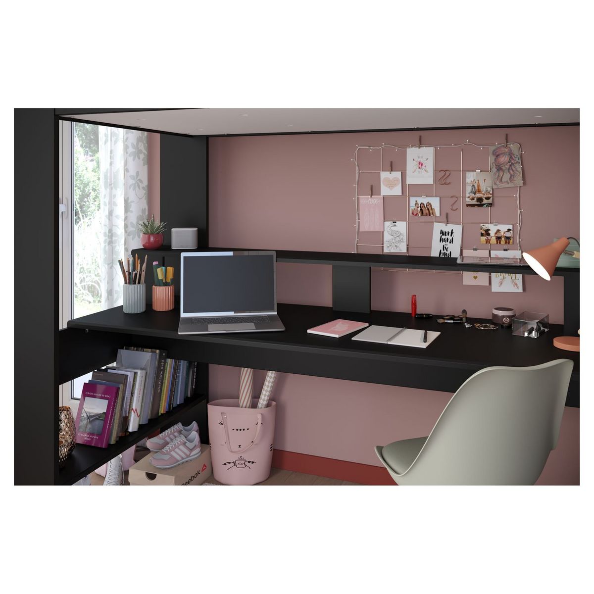 Lit mezzanine gaming à LED 90x200 cm avec bureau et rangement CONNECT