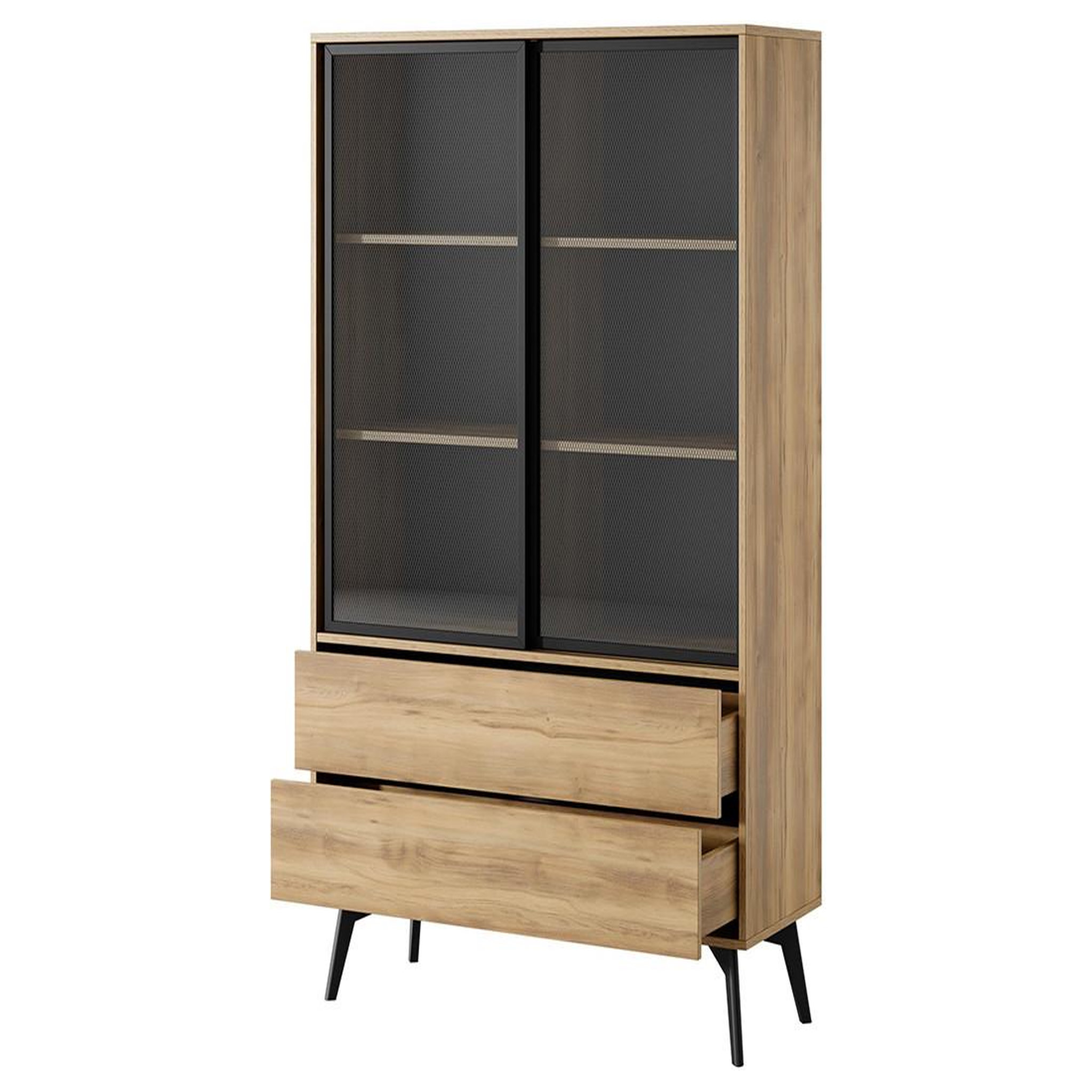 Voir la diapositive 4 : BEST MOBILIER Larry - vitrine - 2 portes et 2 tiroirs - effet bois et métal noir - 144 cm