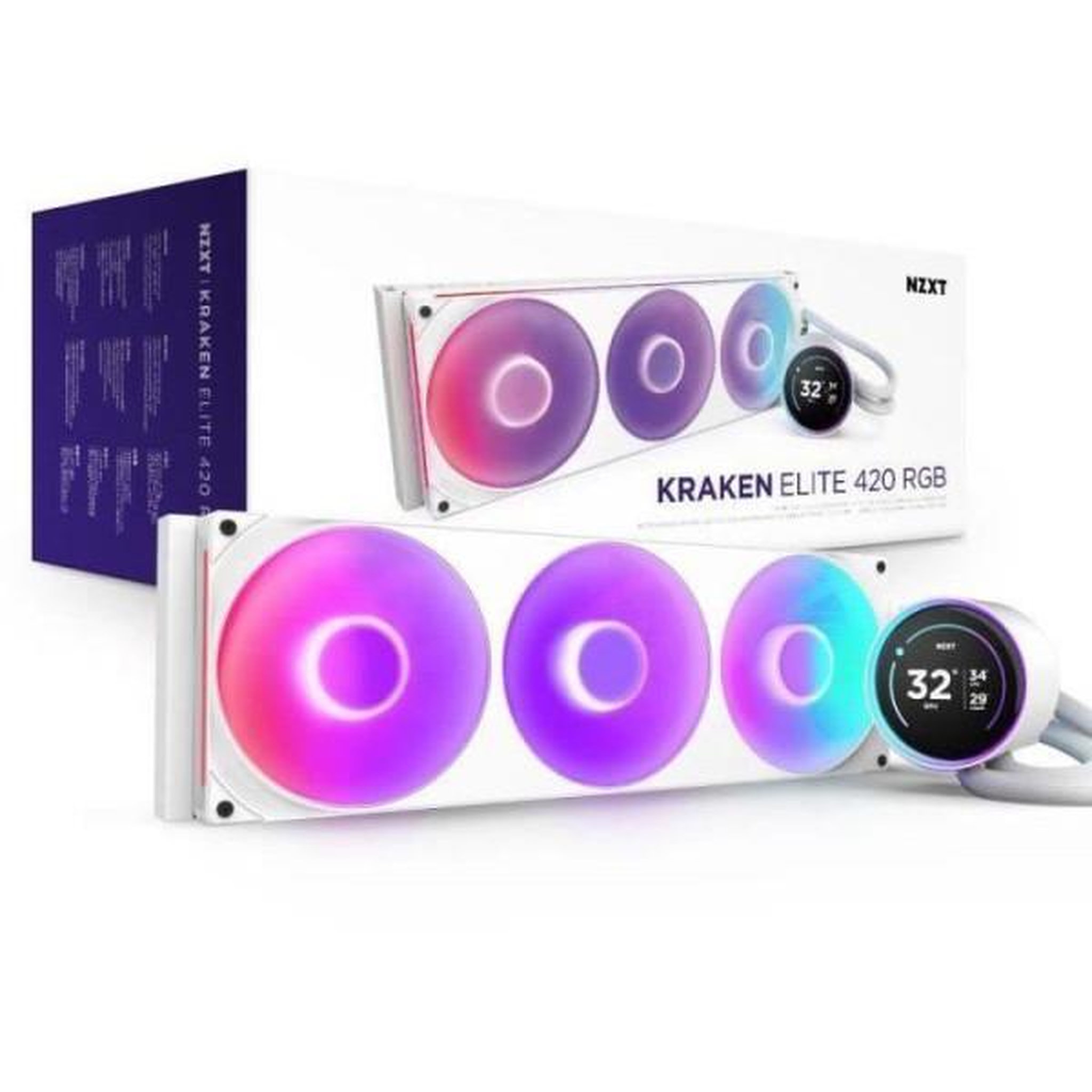 Voir la diapositive 3 : NZXT Watercooling - nzxt - rl-kr42e-w2 - kraken elite 420 rgb - écran 2.72, panneau rgb personnalisable et ventilateurs rgb - blanc