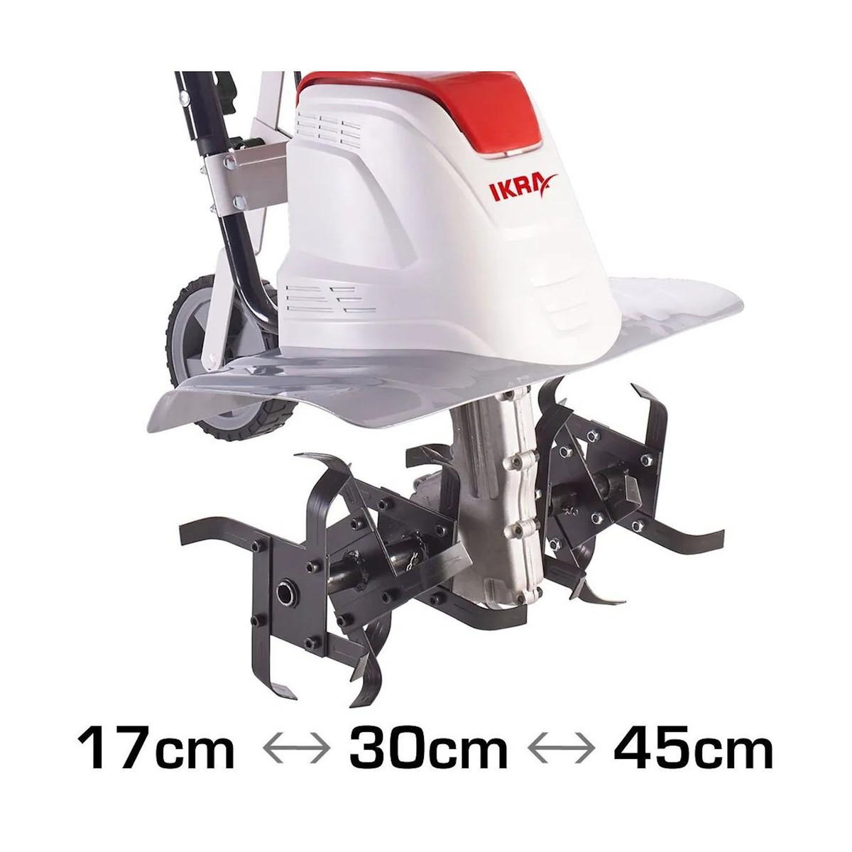 Ikra Motobineuse électrique 1500W Largeur de travail 17-45cm 6 fraises - Profondeur de travail 23cm Préparation sol jardin IKRA