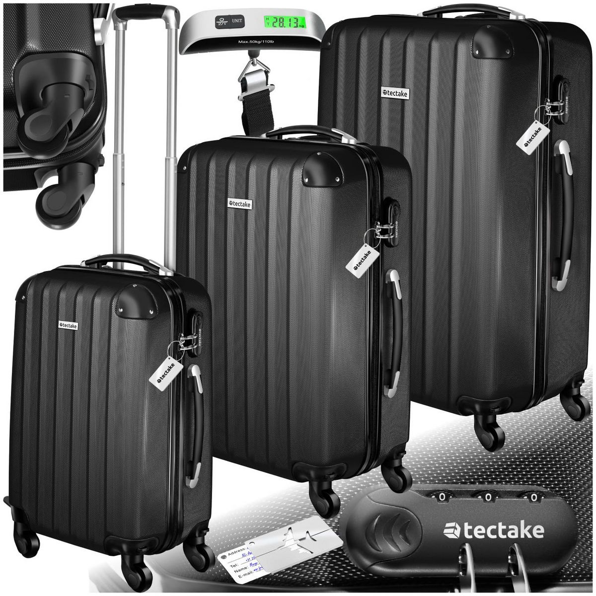 tectake Ensemble de 3 valises 3 pièces en ABS robuste, balance à bagages et étiquette noir