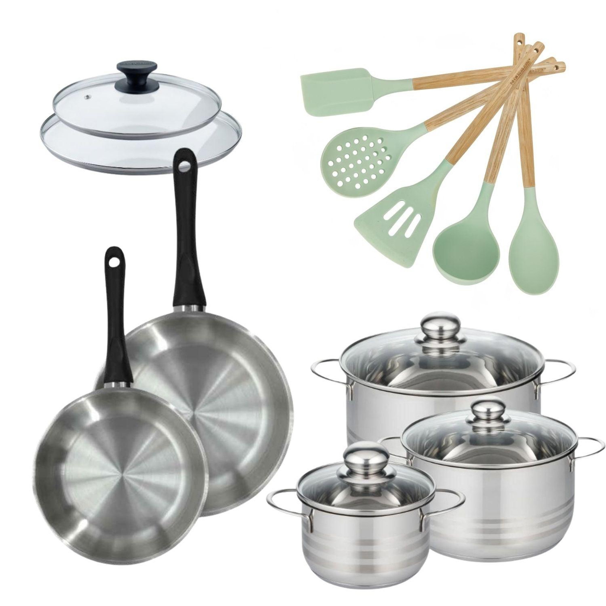 Fackelmann Batterie de cuisine avec 3 faitouts 16/20/24 cm et 2 poêles 20/24 cm avec 7 ustensiles de cuisine fackelmann généva brillant ocean avec couvercles