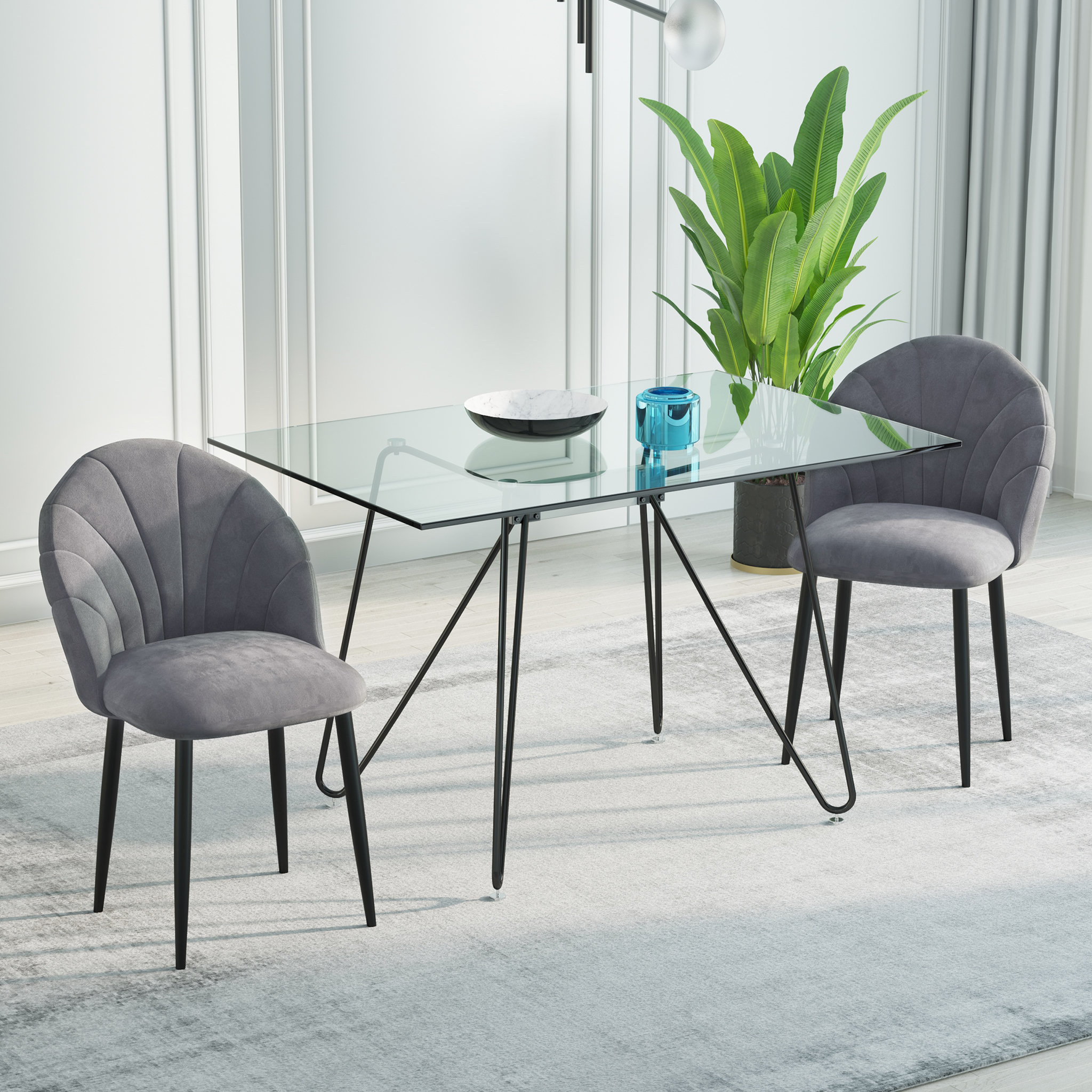 Voir la diapositive 2 : HOMCOM Lot de 2 chaises velours gris pieds métal noir dim. 52L x 54l x 79H cm