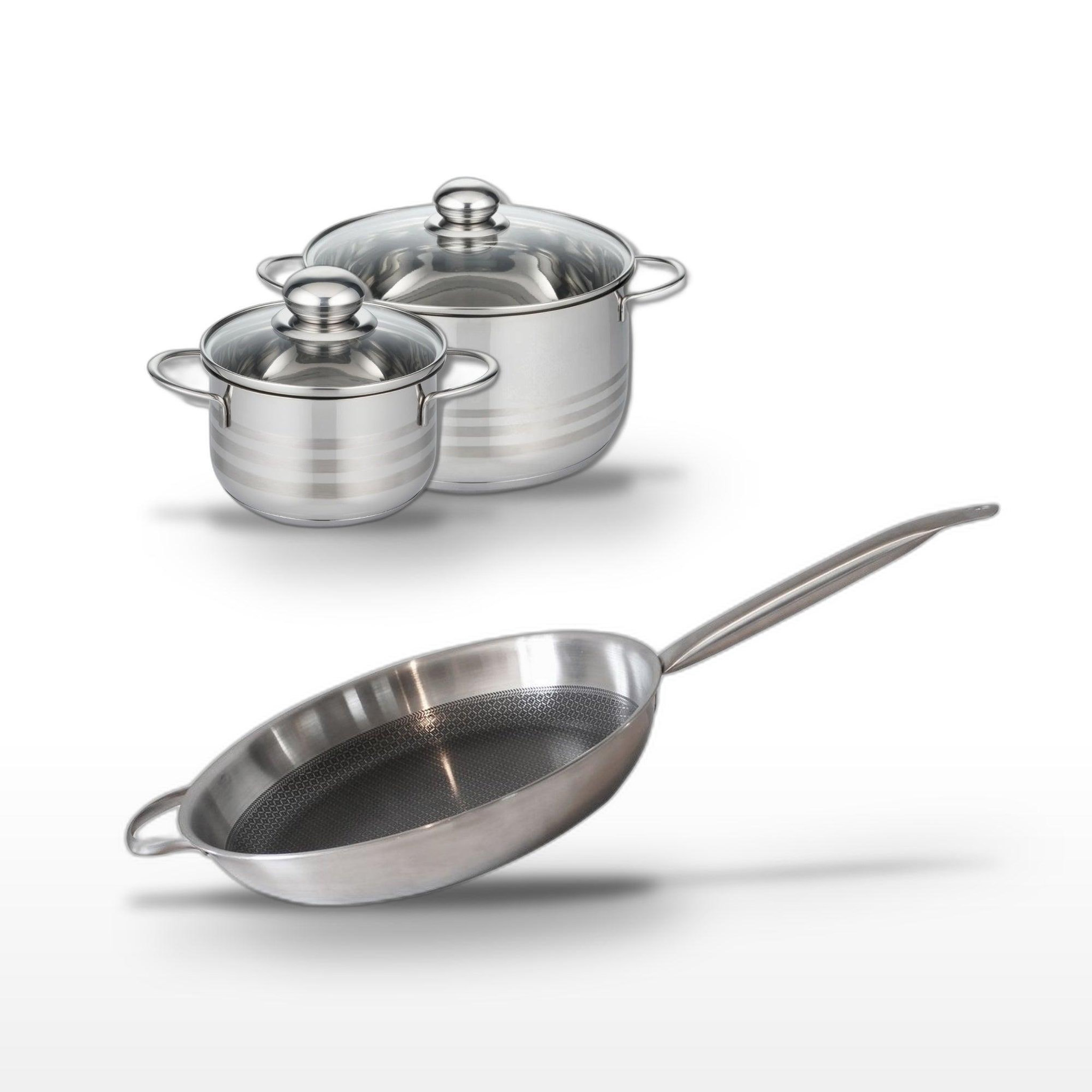 ELO Batterie de cuisine avec 1 poêle de cuisson 32 cm et 2 faitouts 24/16 cm en acier inoxydable sans pfas elo collection relief solution brillant
