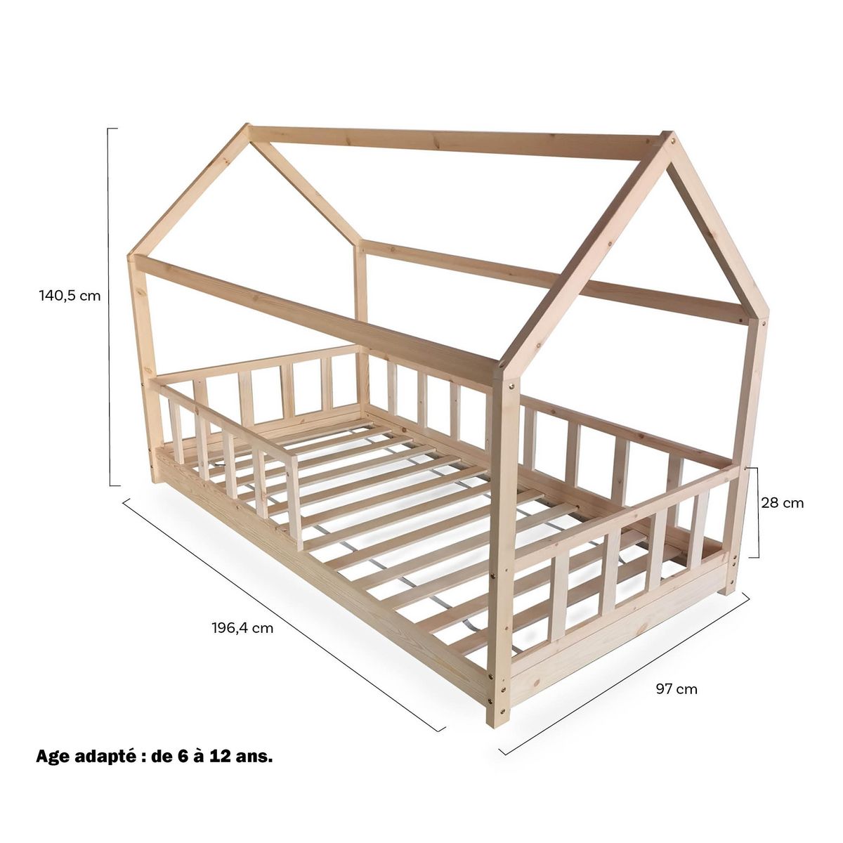 Lit cabane 90 x 190 cm + sommier + barrière TIKI