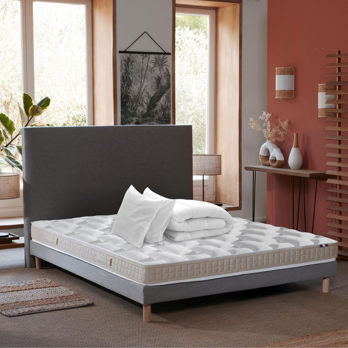 IDLITERIE Ensemble matelas latex 5 zones, sommier, oreiller et couette ORIGINEL - confort français