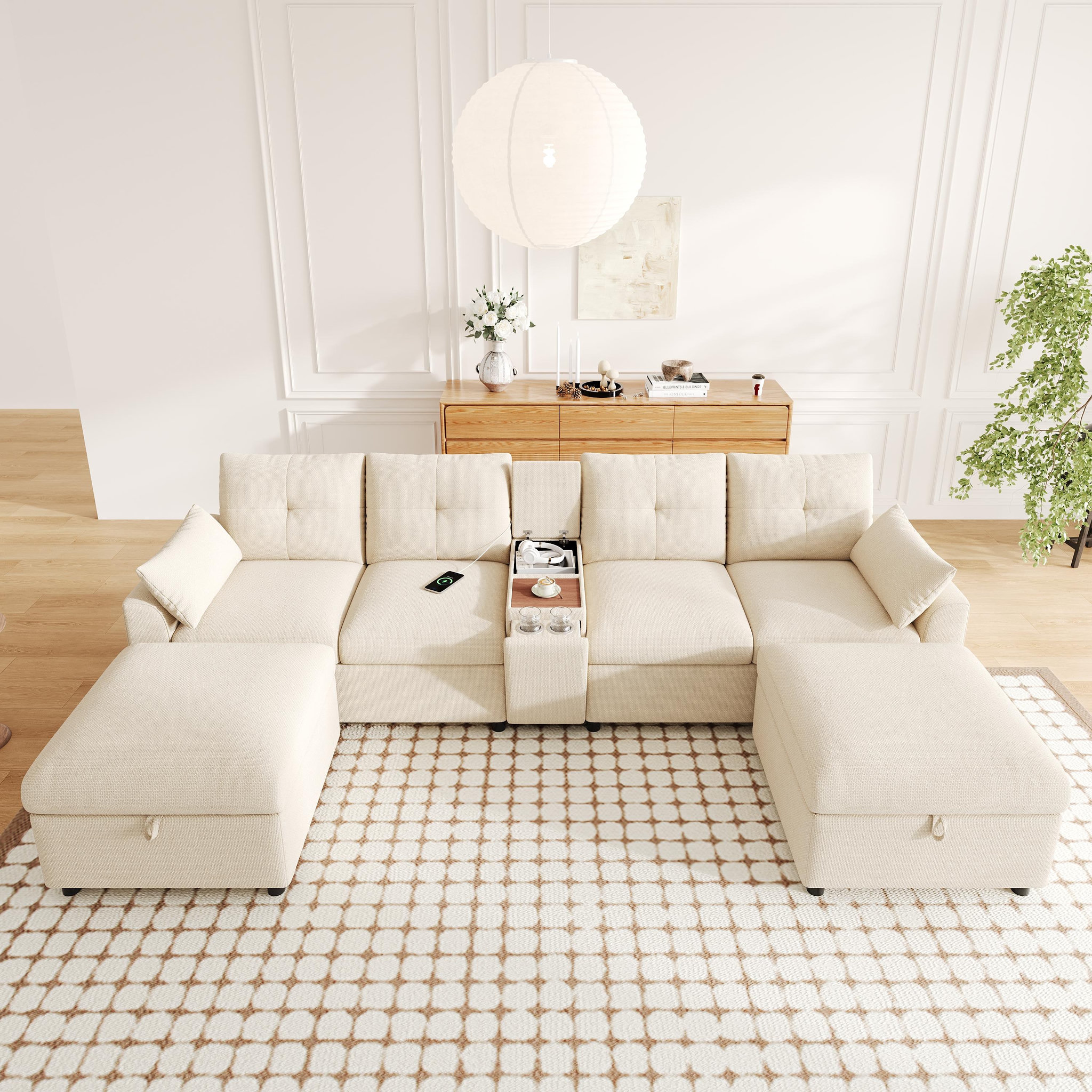 Voir la diapositive 4 : MERAX Canapé d'angle modulable 6 places u/l avec 2 poufs rangement usb type-c chenille