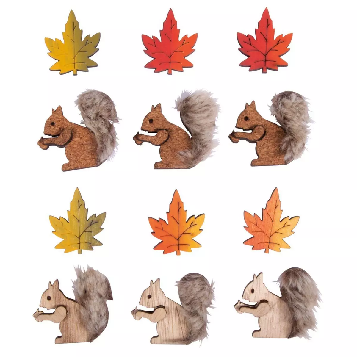 Rayher 12 écureuils et feuilles adhésifs en bois - 4 types - 3 cm