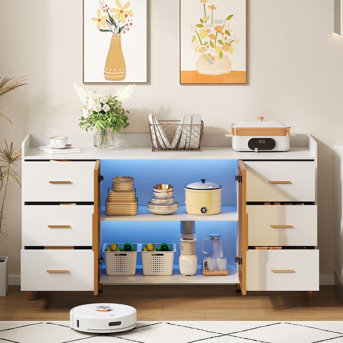 MERAX Buffet 2 porte(s) 6 tiroir(s) - 160 cm blanc led mdf