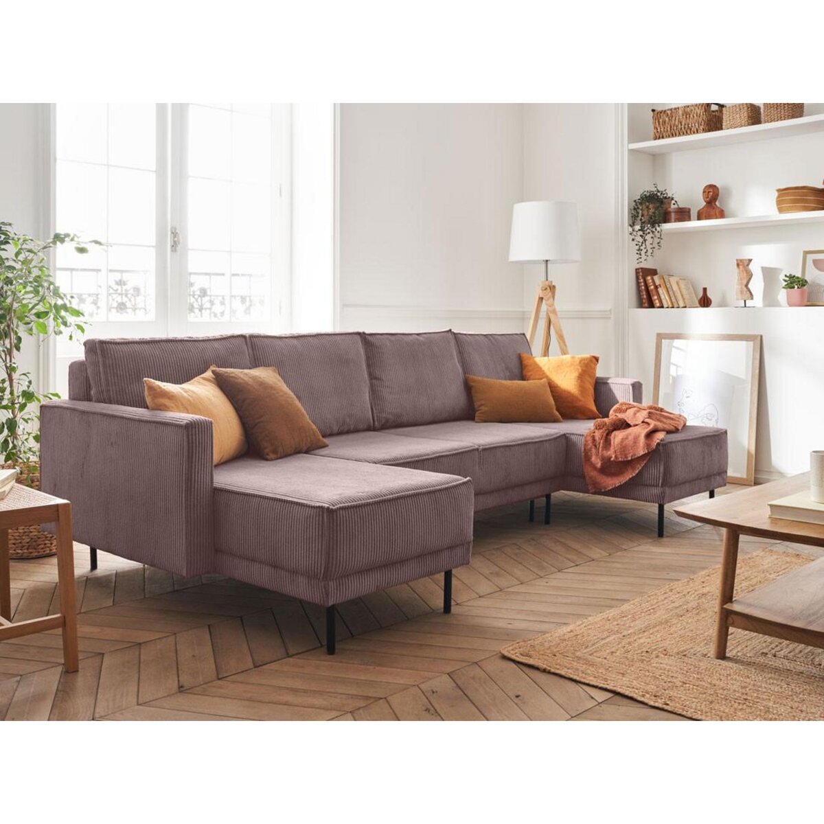 LISA DESIGN Charlie - canapé panoramique en u - 7 places - convertible avec coffre - en velours côtelé