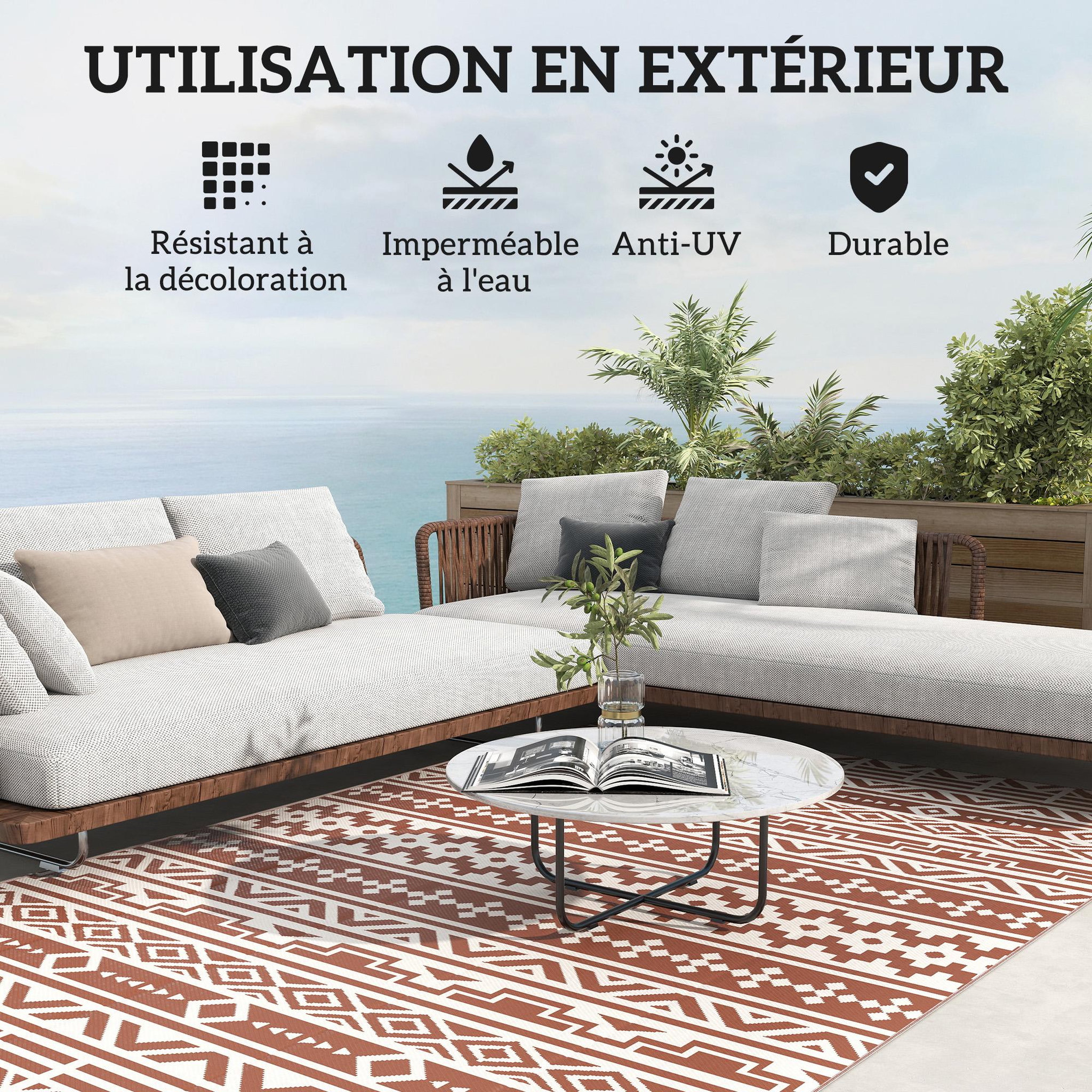 Voir la diapositive 5 : OUTSUNNY Tapis d'extérieur réversible motif graphique dim. 1,8 x 2,7 m sac transport inclus terracotta beige