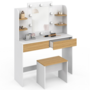 Voir la diapositive 5 : ID MARKET Coiffeuse ZELIA blanc et hêtre table de maquillage 4 étagères, miroir LED et tabouret