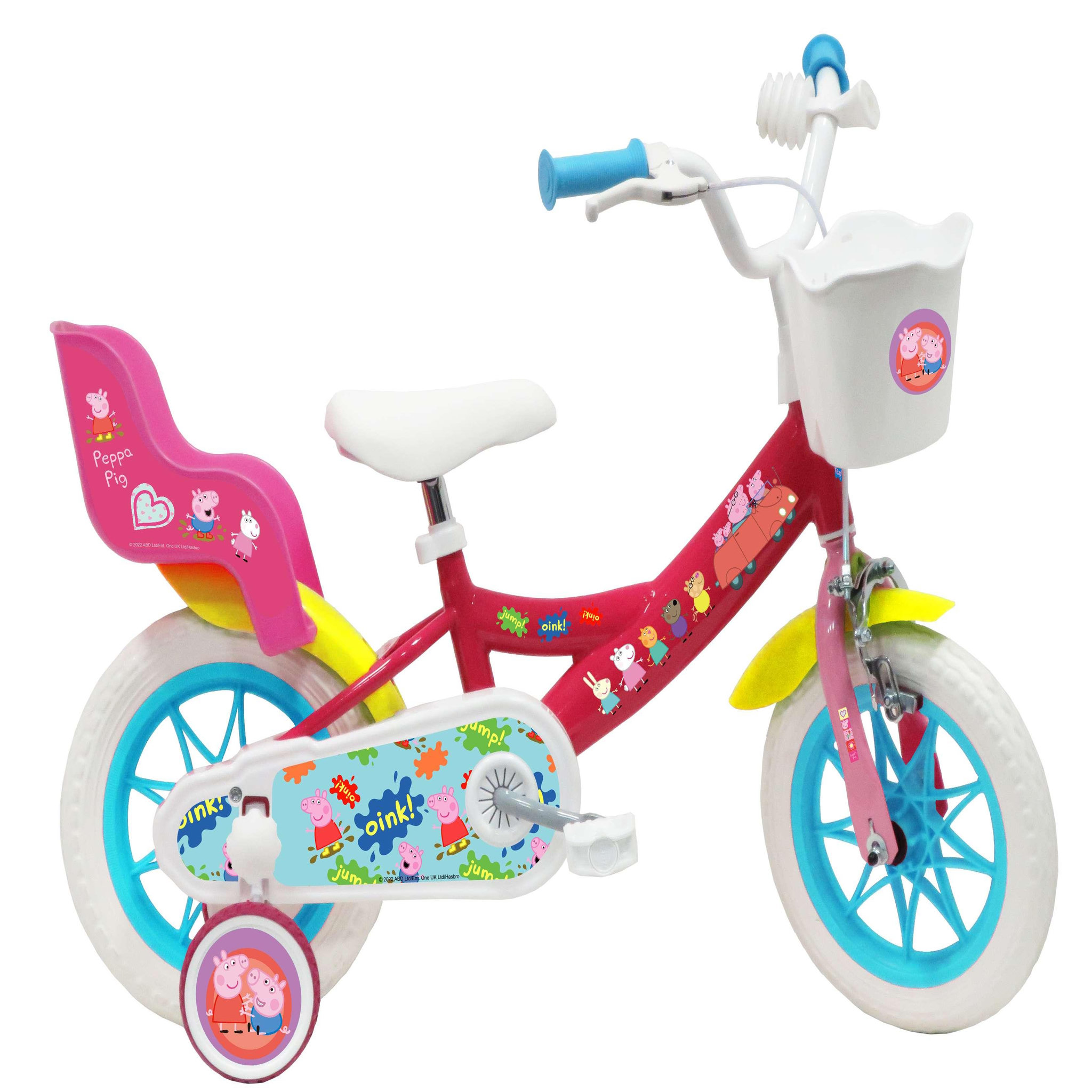 HASBRO Vélo enfant 12'' - Modèle Peppa Pig  pour enfant de taille 85 à 100 cm avec stabilisateurs - 1 Frein - Panier avant - Porte poupée arrière et roues bâtons