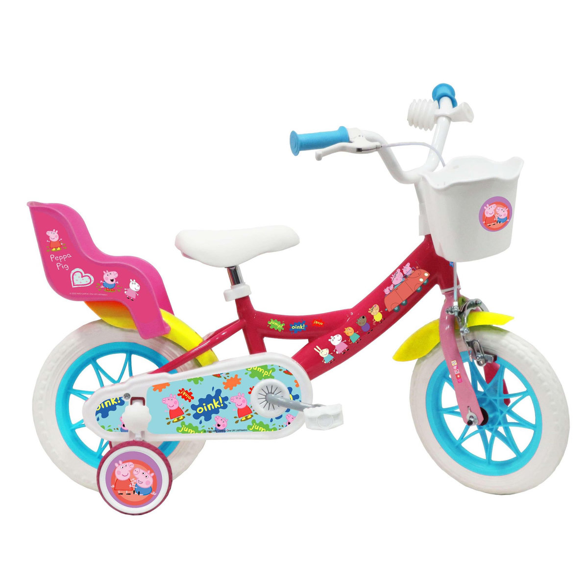 HASBRO Vélo enfant 12'' - Modèle Peppa Pig  pour enfant de taille 85 à 100 cm avec stabilisateurs - 1 Frein - Panier avant - Porte poupée arrière et roues bâtons