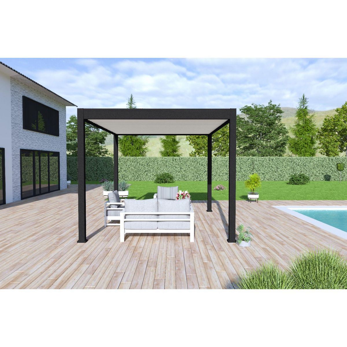 Pergola Bioclimatique autoportée  3X4 m - Aluminium - Noir charbon/blanc - VS OmBREA®