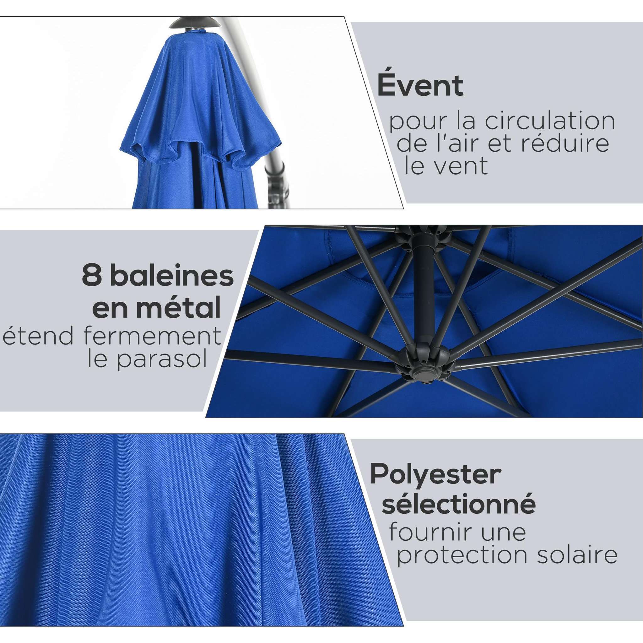 Voir la diapositive 6 : OUTSUNNY Parasol déporté octogonal inclinable rabattable diamètre 2,97 m parasol de jardin avec pied en croix bleu
