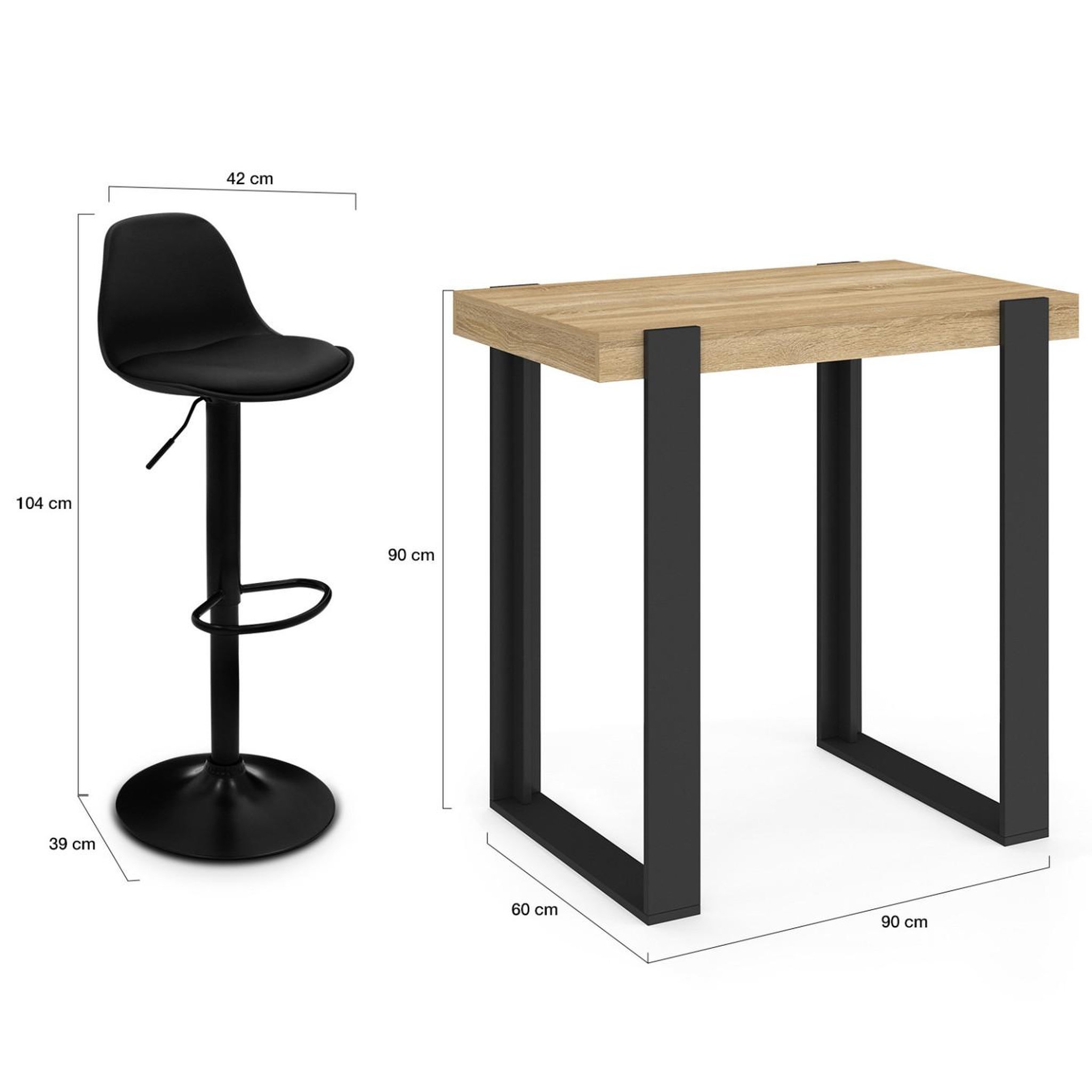Voir la diapositive 5 : ID MARKET Ensemble table de bar phoenix bois et noir et 2 tabourets karl noir pied noir