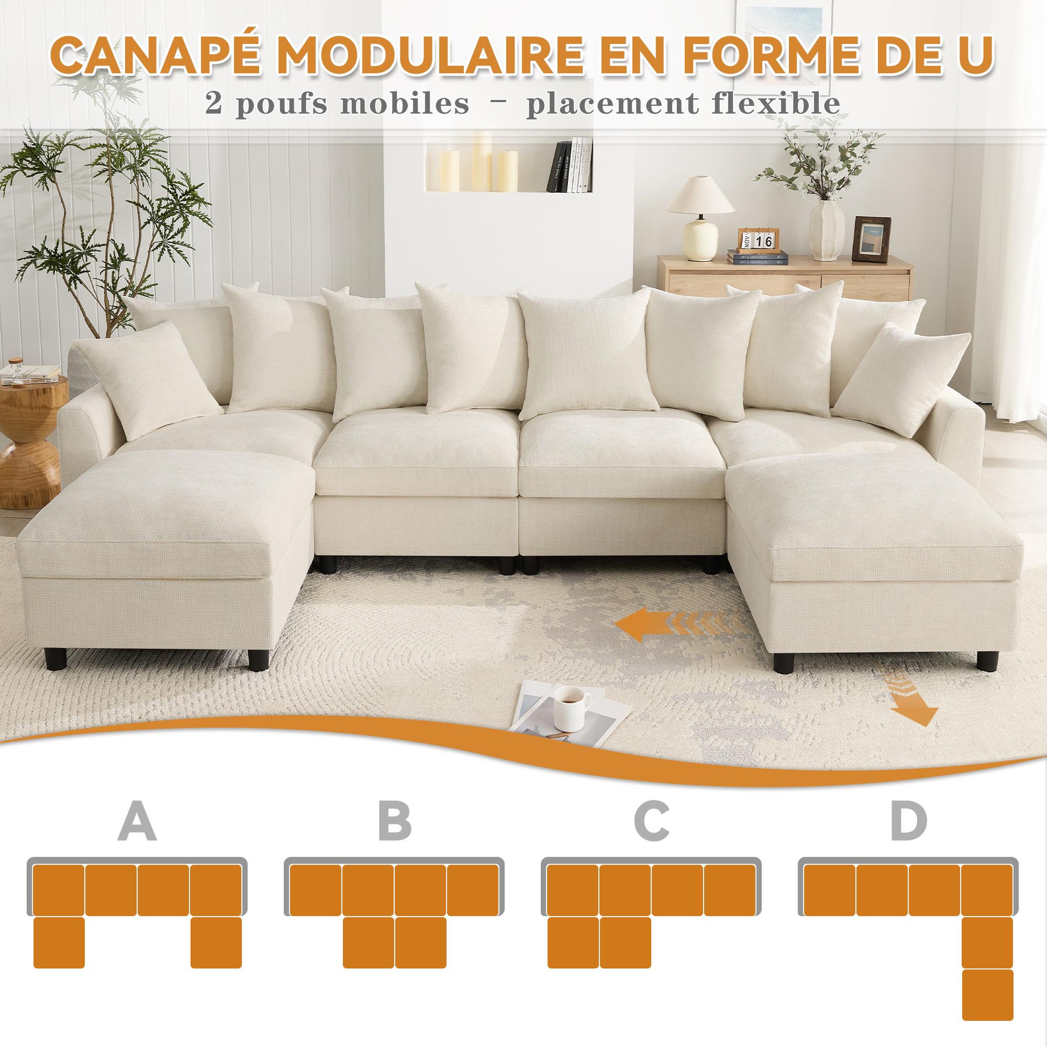 Voir la diapositive 5 : MERAX Canapé d'angle modulable 6 places u/l avec 2 poufs usb type-c tissu chenille