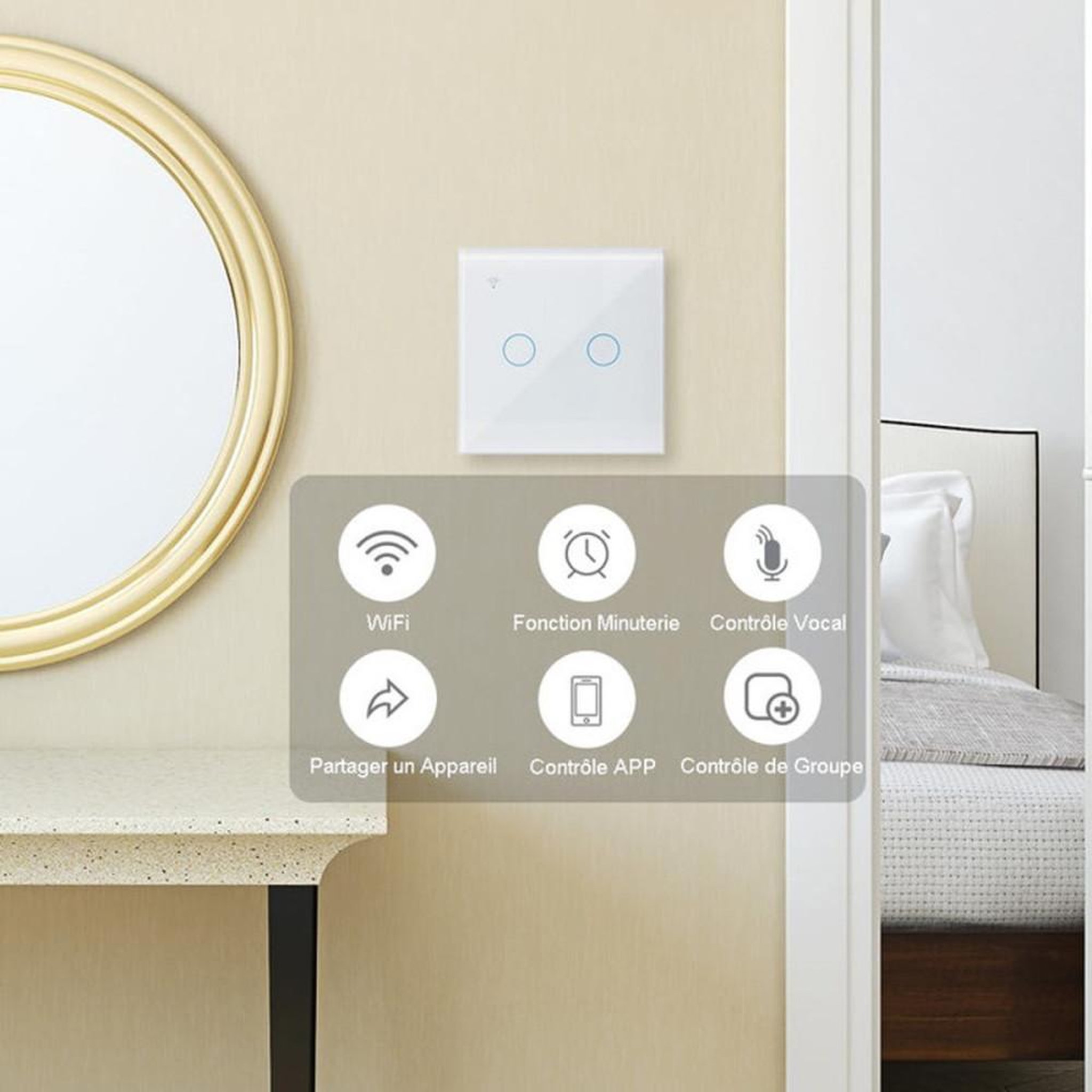 Voir la diapositive 2 : Interrupteur mural WiFi tactile encastrable 2 canaux unidirectionnel, 2 voies, blanc, commande capacitive, 2,4 GHz, 300 W par canal, compatible Alexa et Google