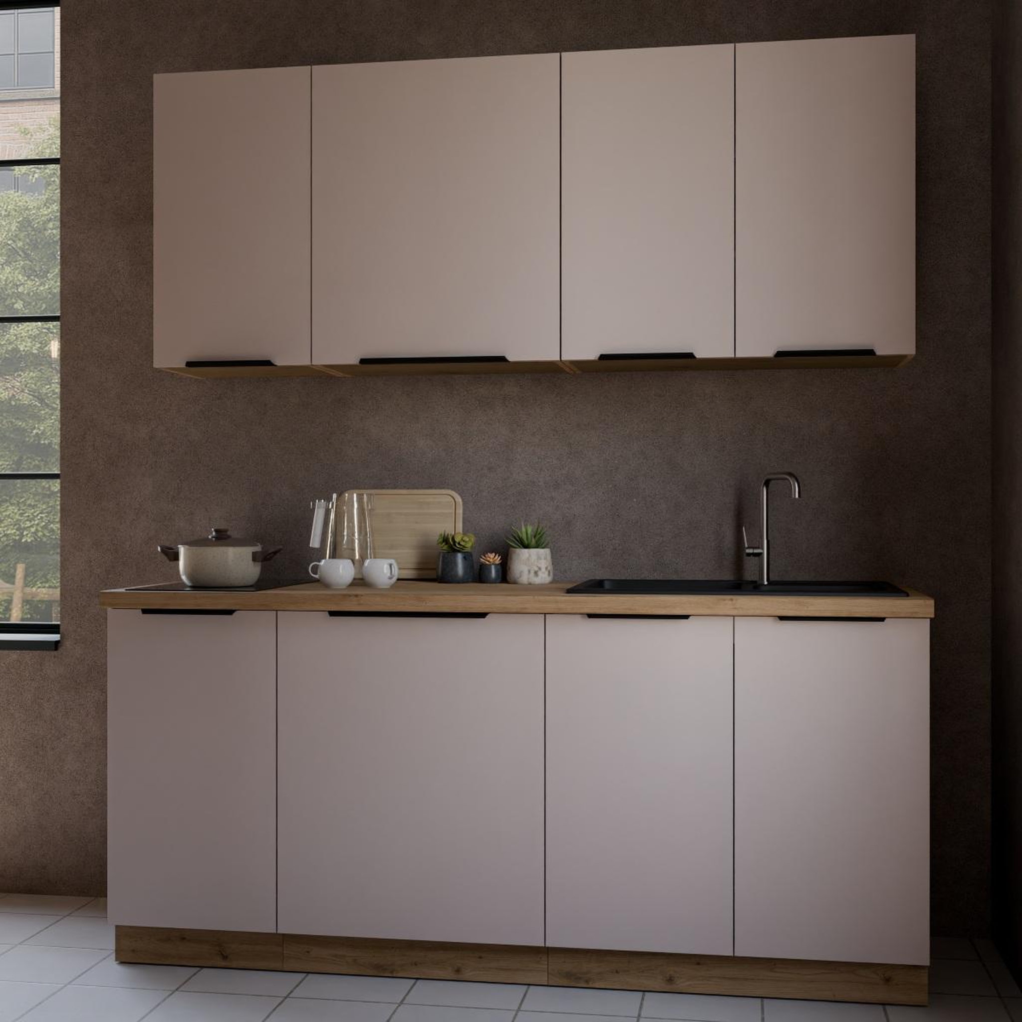 Voir la diapositive 2 : JLC KREATION Cuisine complète moderne beige et bois 180cm ELISA
