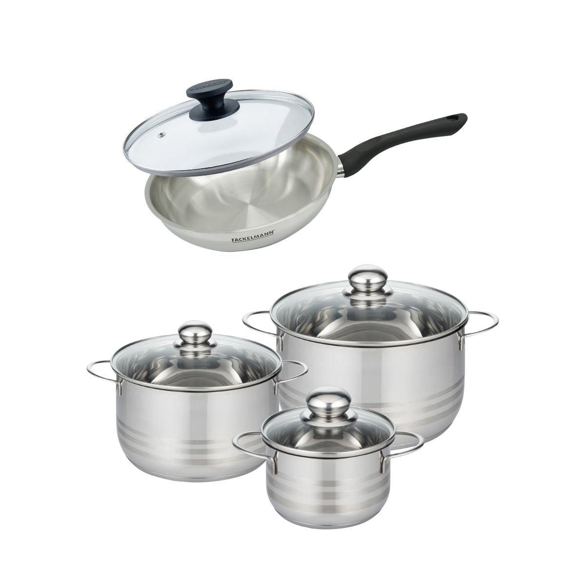 Fackelmann Batterie de cuisine avec 1 poêle 24 cm et 3 faitouts 16/20/24 cm sans PFAS Fackelmann Généva Brillant avec couvercles