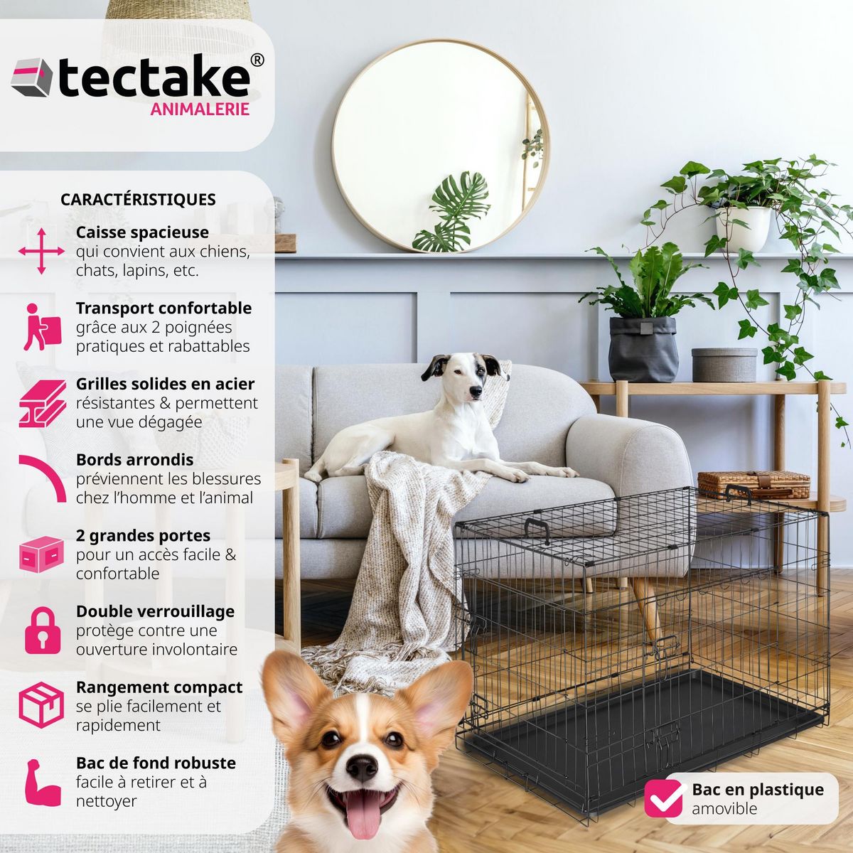 tectake Caisse grillagée pour chien pliable avec 2 poignées de transport noir
