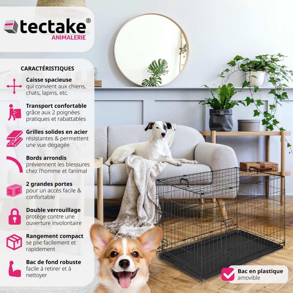 tectake Caisse grillagée pour chien pliable avec 2 poignées de transport noir