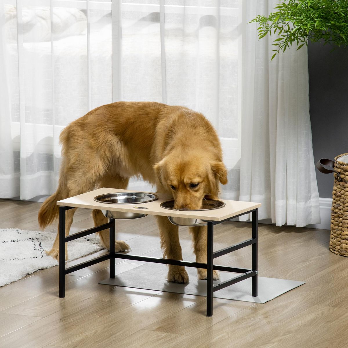 PAWHUT Gamelle double chien porte-gamelles surélevé réglable 2 gamelles acier inox et tapis inclus acier noir aspect bois clair