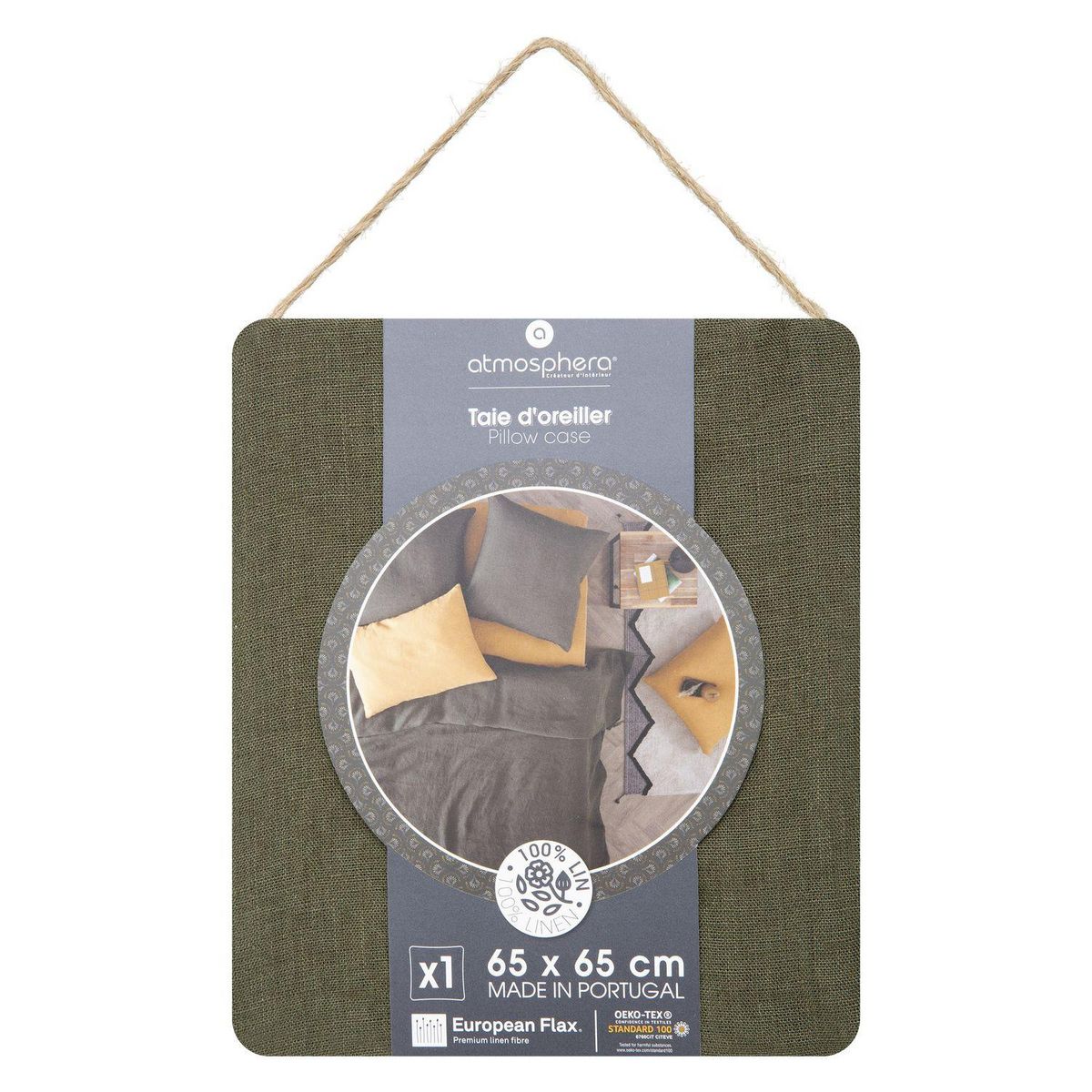 ATMOSPHERA Taie d'oreiller 100% Lin 65x65 cm - Vert Kaki