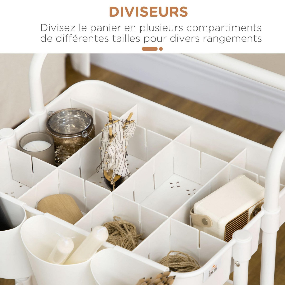 HOMCOM Desserte de cuisine - 3 étagères avec rebords - 4 crochets, 3 pots suspendus - acier ABS