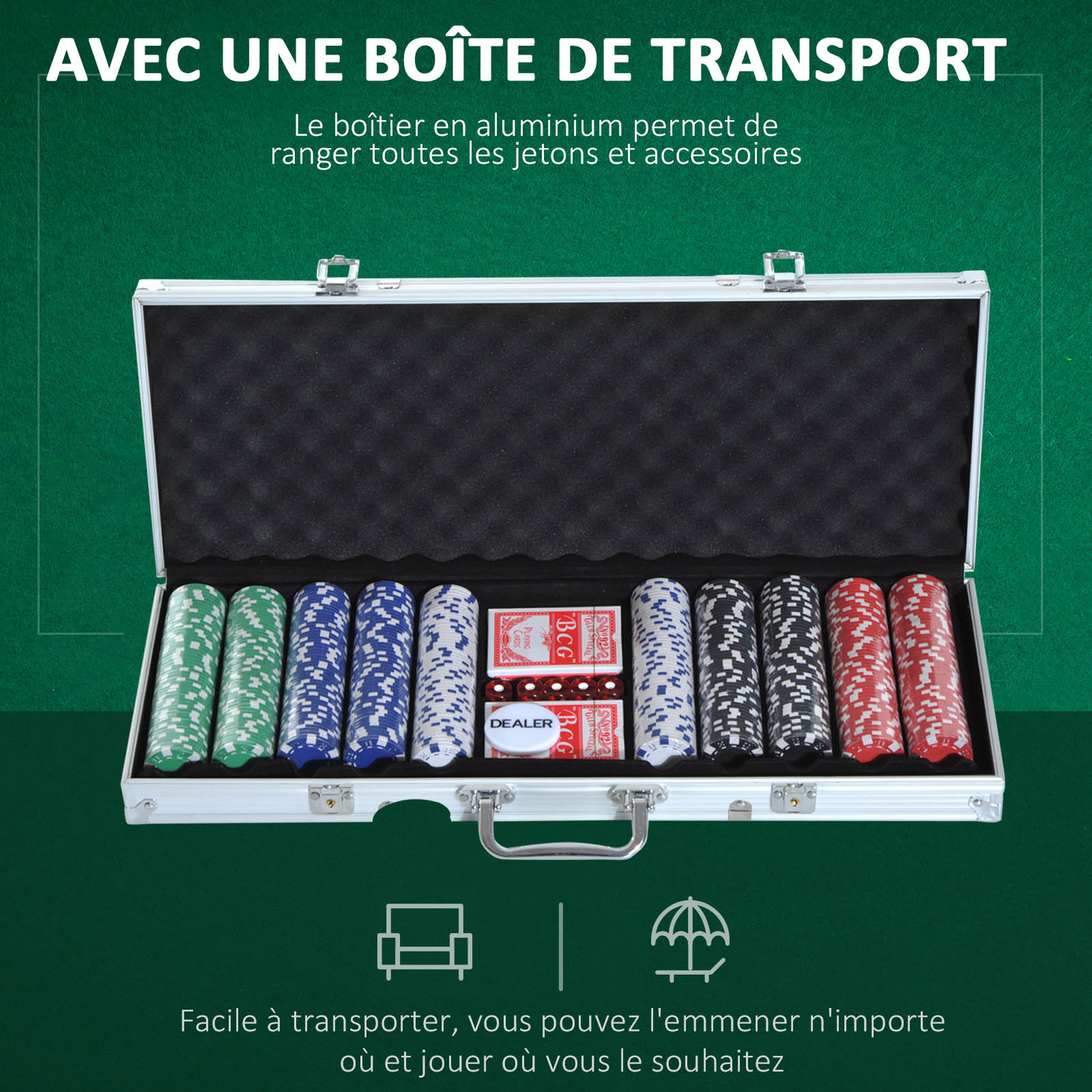 Voir la diapositive 5 : HOMCOM Mallette professionnelle de Poker 500 jetons 2 jeux de cartes 5 dés bouton dealer 2 clés alu