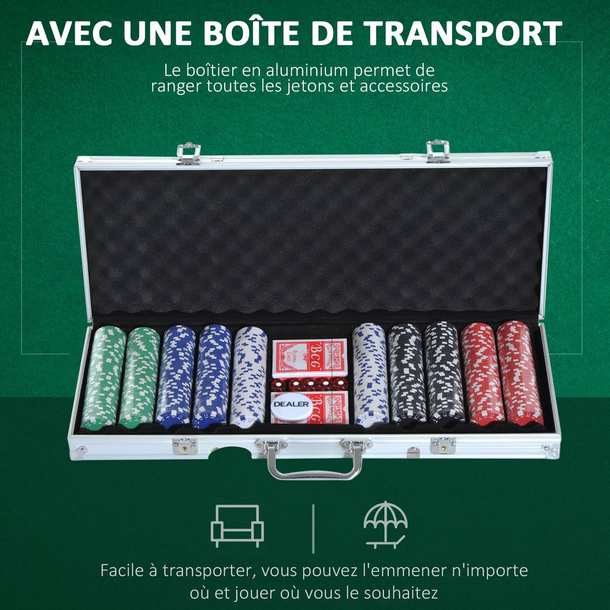 HOMCOM Mallette professionnelle de Poker 500 jetons 2 jeux de cartes 5 dés bouton dealer 2 clés alu