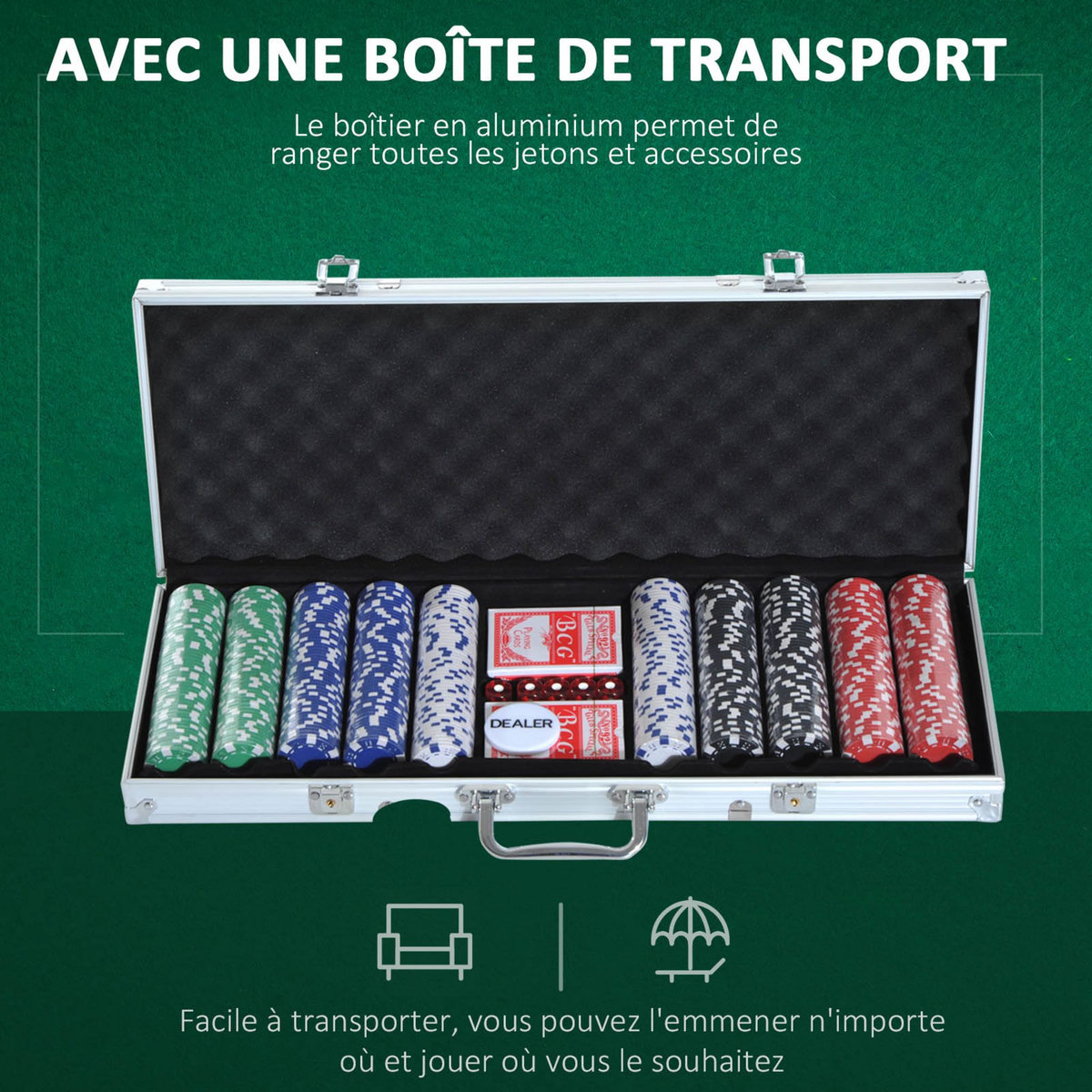 HOMCOM Mallette professionnelle de Poker 500 jetons 2 jeux de cartes 5 dés bouton dealer 2 clés alu