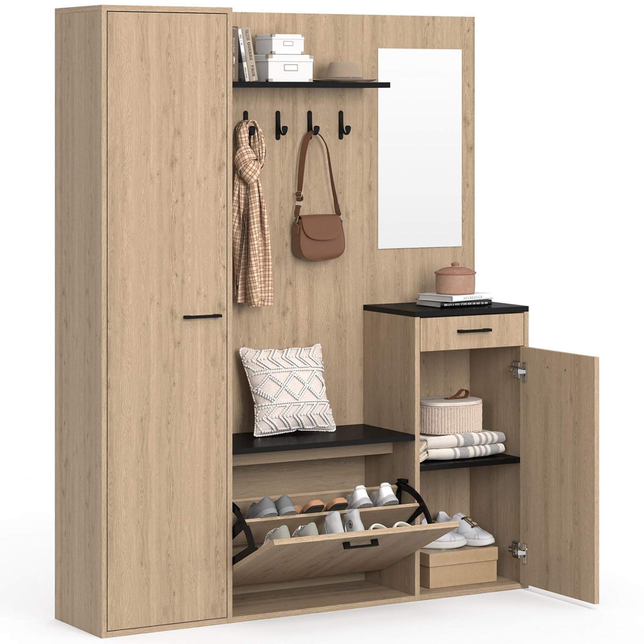 Voir la diapositive 1 : ID MARKET Vestiaire d'entrée rangement chaussures avec miroir et étagères mahaut xxl maxi capacité effet bois et noir