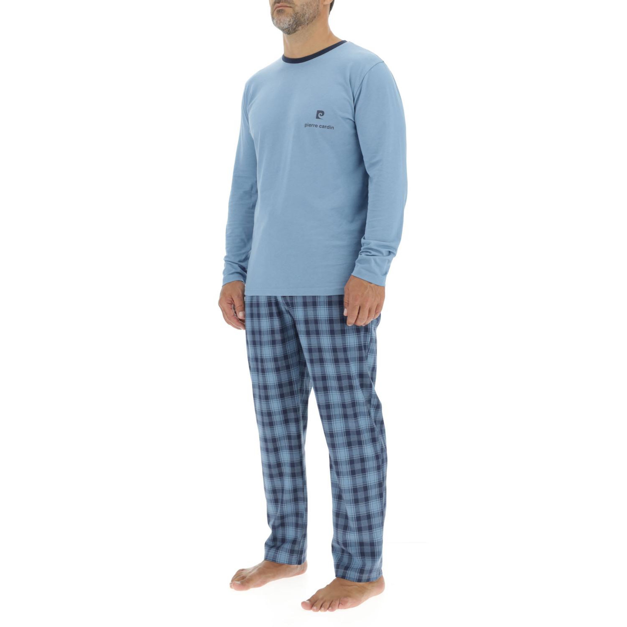 Voir la diapositive 3 : PIERRE CARDIN Ensemble Pyjama long homme en popeline à carreaux et Logo poitrine