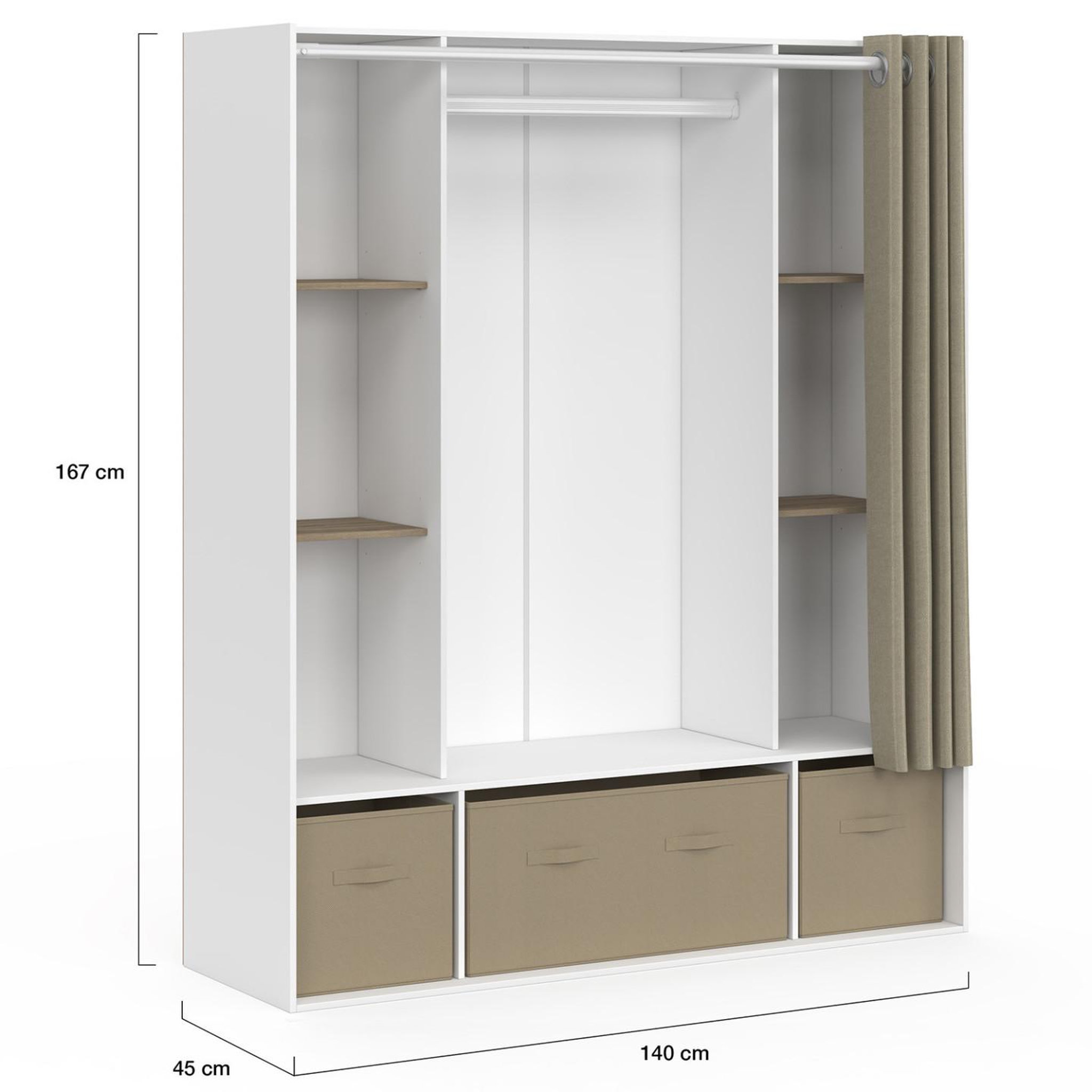 Voir la diapositive 4 : ID MARKET Dressing double penderie diane 140 x 45 x 167 cm blanc avec étagères + boites de rangement + rideau taupe