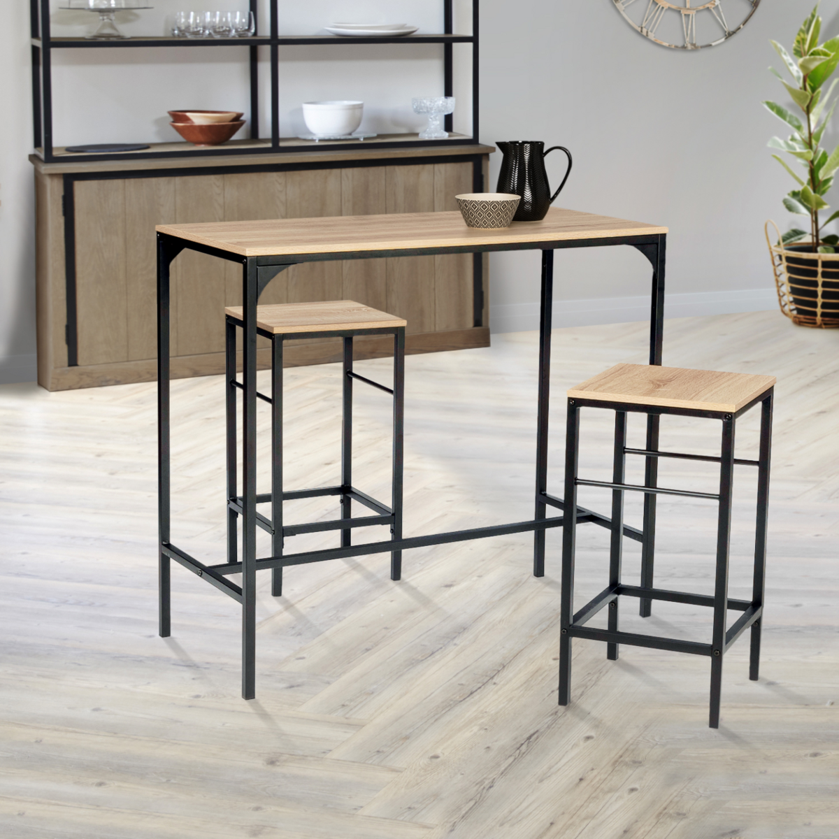 ID MARKET Ensemble table haute de bar DETROIT 95 cm et 2 tabourets design industriel