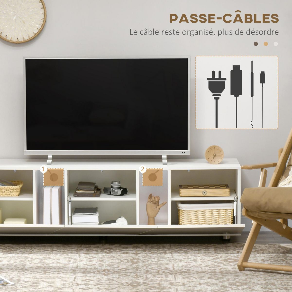 HOMCOM Meuble TV Banc TV style contemporain 3 portes abattantes panneaux blanc laqué