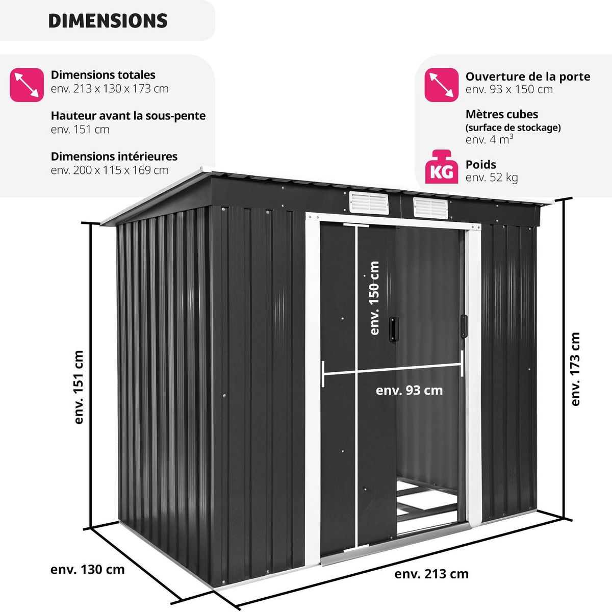 tectake Abri de jardin métal 2,7 m² toiture monopente en acier gris/blanc