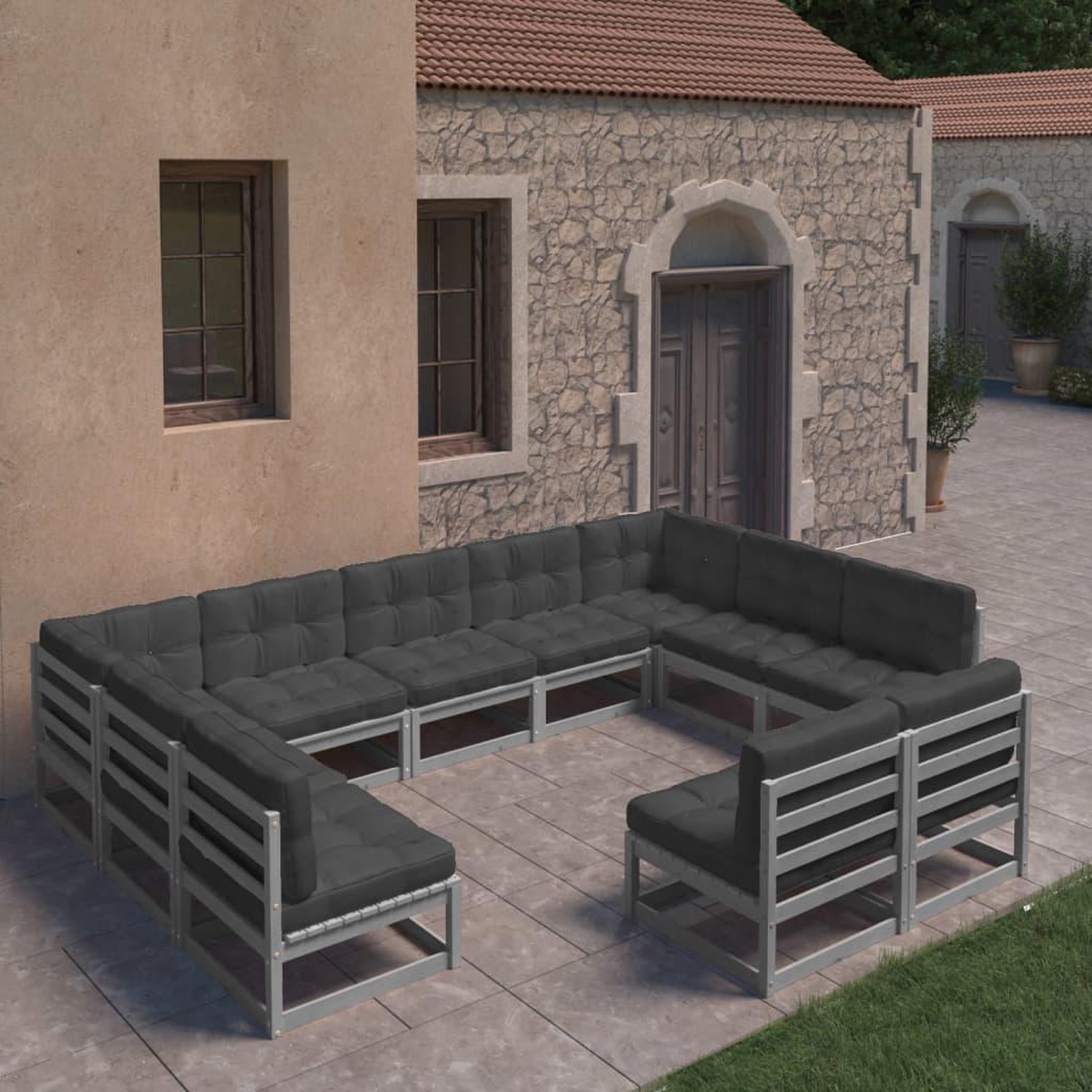 Voir la diapositive 1 : VIDAXL Salon de jardin 11 pcs avec coussins Gris Bois de pin massif