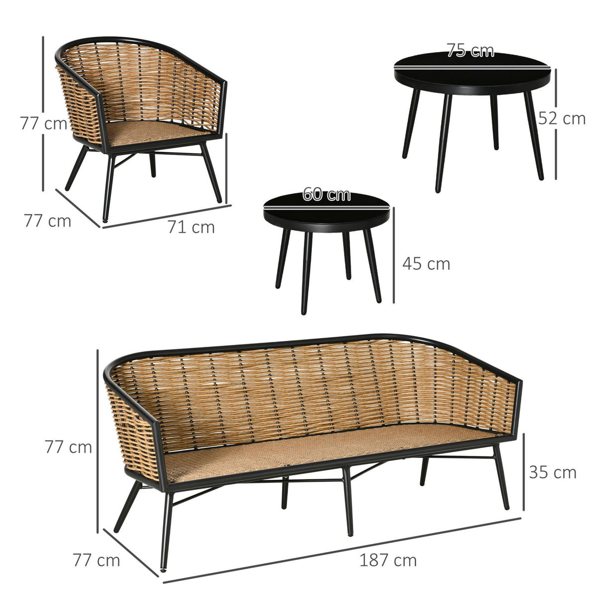 OUTSUNNY Salon de jardin 5 places 5 pièces style colonial tables gigognes coussins grand confort inclus résine tressée aspect rotin