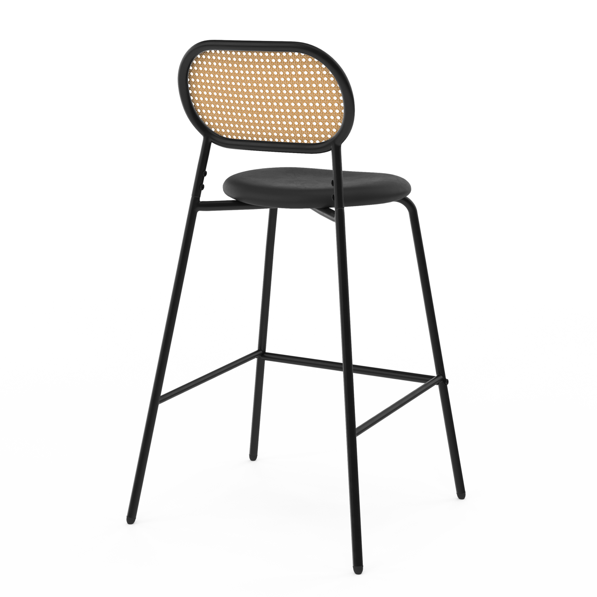Voir la diapositive 4 : ID MARKET Lot de 2 tabourets de bar vintage CLOTILDE en métal noir et dossier cannage