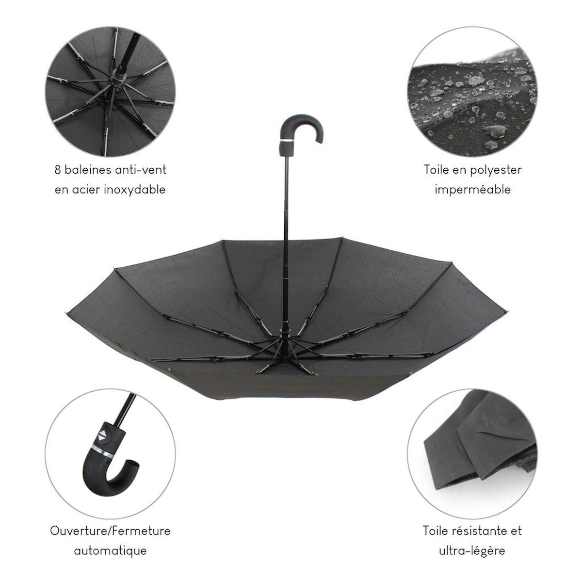 Alistair Parapluie automatique compact et resistant - Anti vent et retournement - ALISTAIR - Marque francaise garantie 1 an