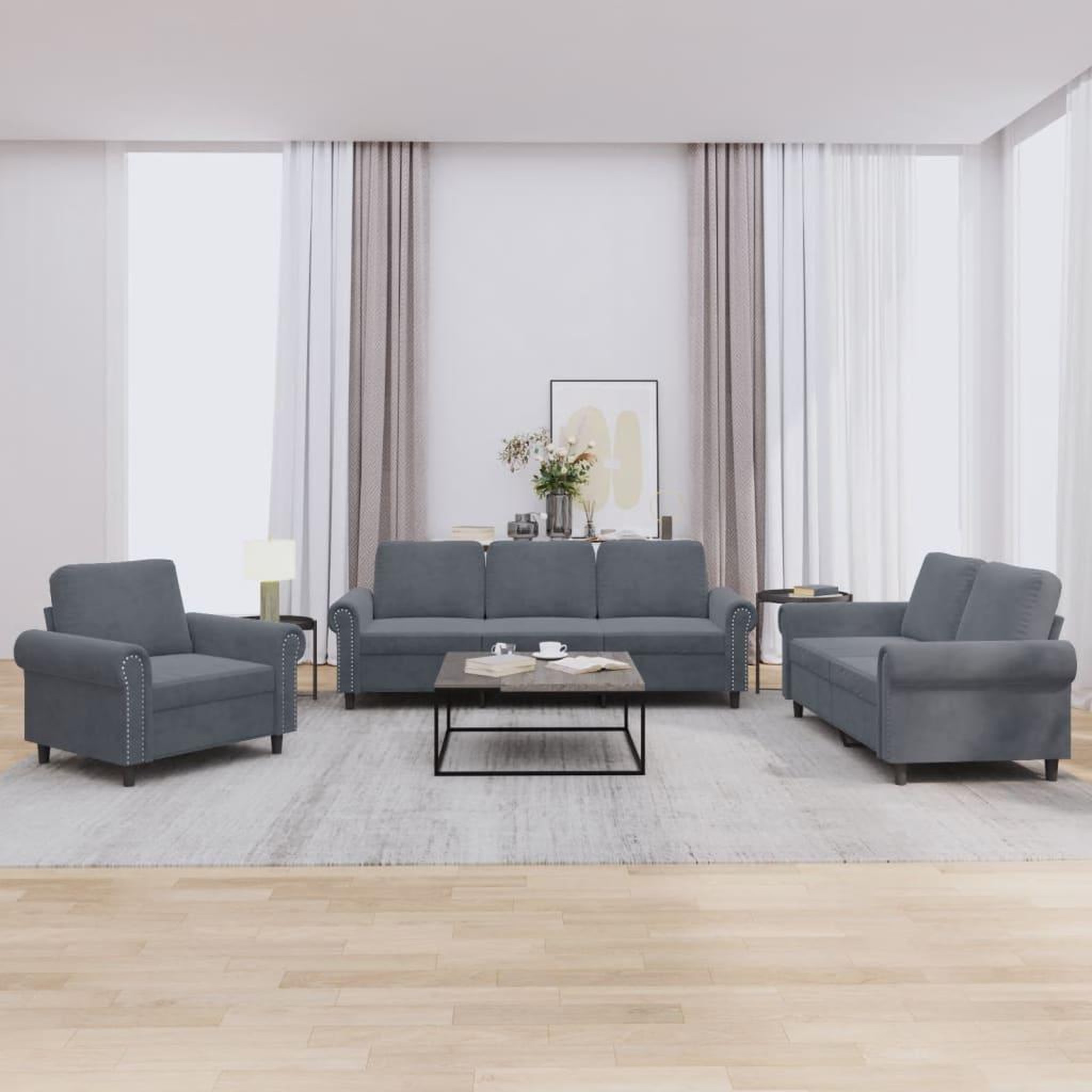 VIDAXL Ensemble de canapes 3 pcs avec coussins Gris fonce Velours