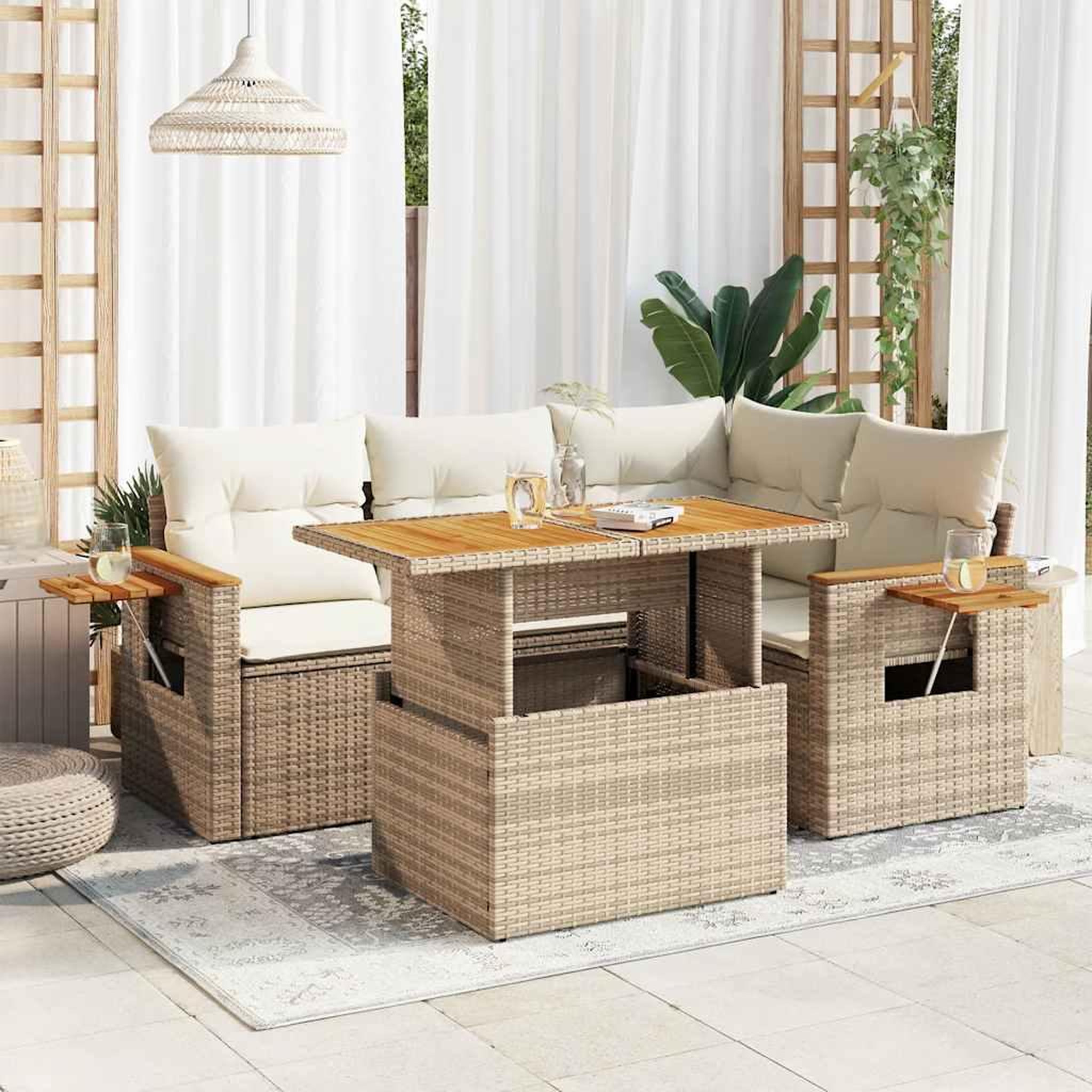VIDAXL Salon de jardin avec coussins 5 pcs beige resine tressee acacia